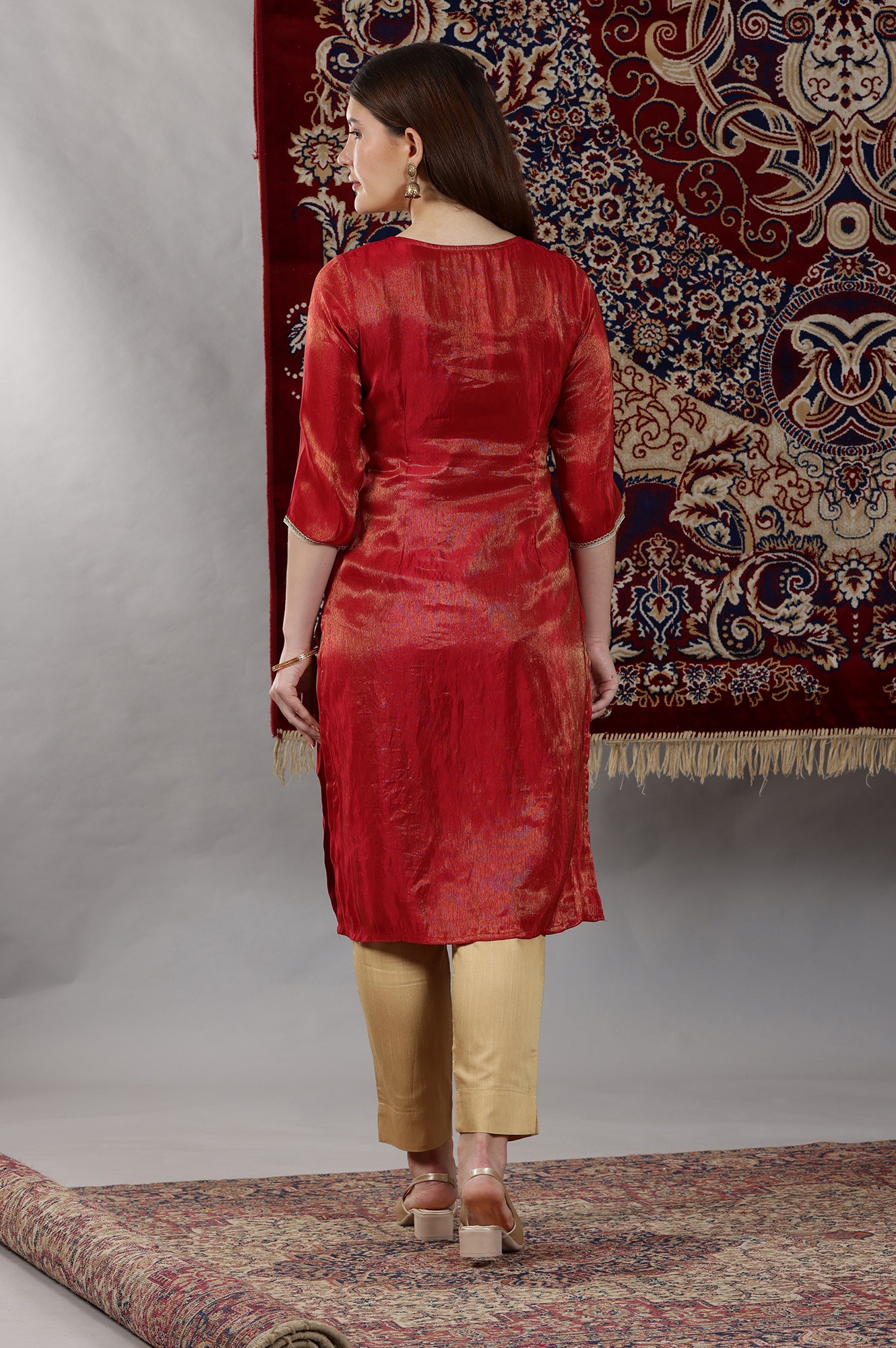 Red Dori Embroidered Yoke Straight Festive Kurta