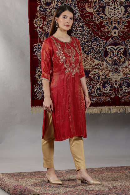 Red Dori Embroidered Yoke Straight Festive Kurta