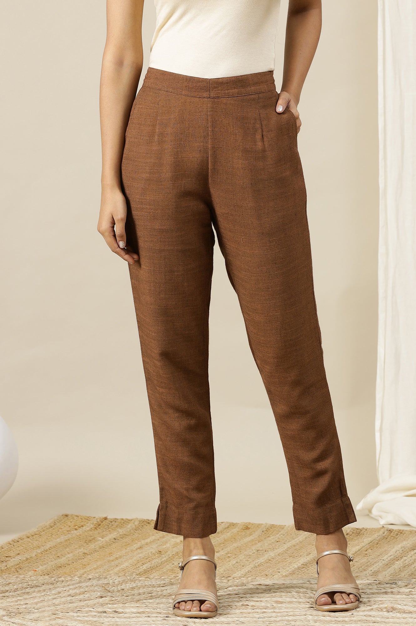 Brown Solid Rayon Flax Comfy Trousers with Pockets