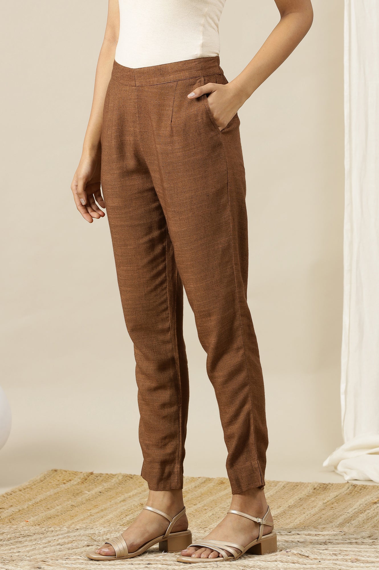 Brown Solid Rayon Flax Comfy Trousers with Pockets