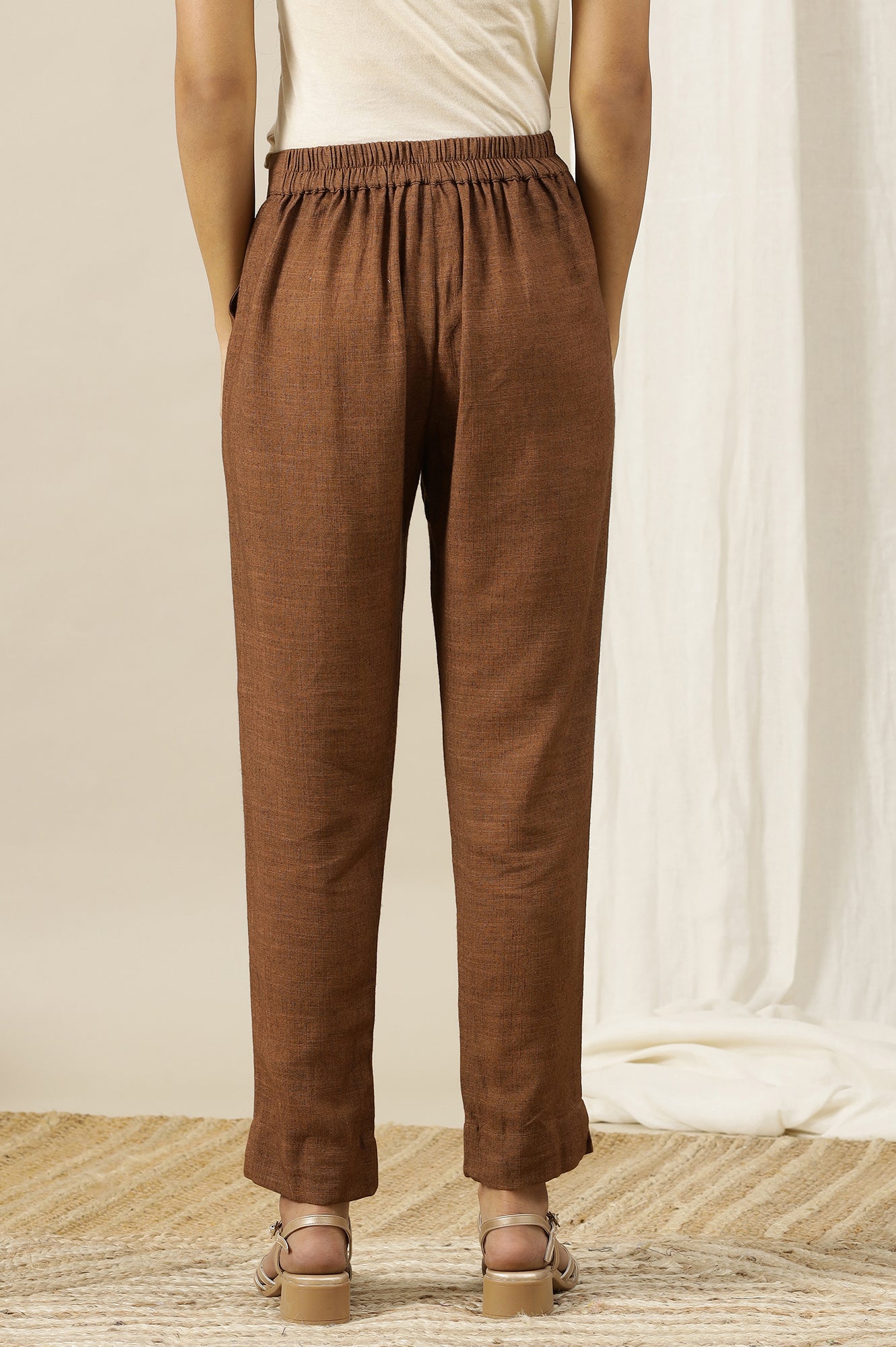 Brown Solid Rayon Flax Comfy Trousers with Pockets