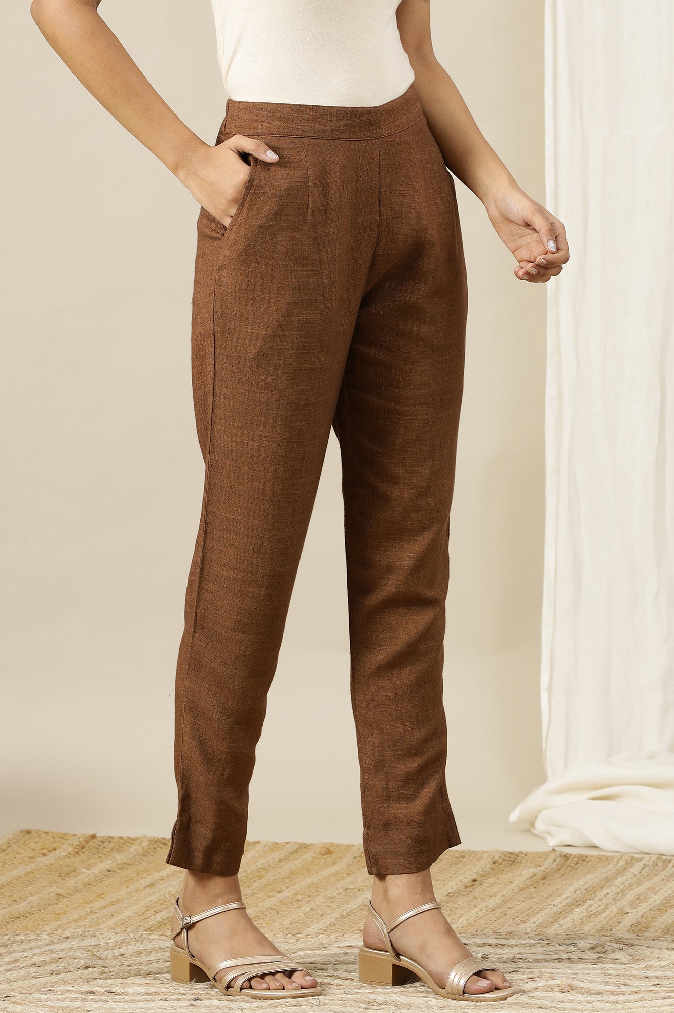 Brown Solid Rayon Flax Comfy Trousers with Pockets