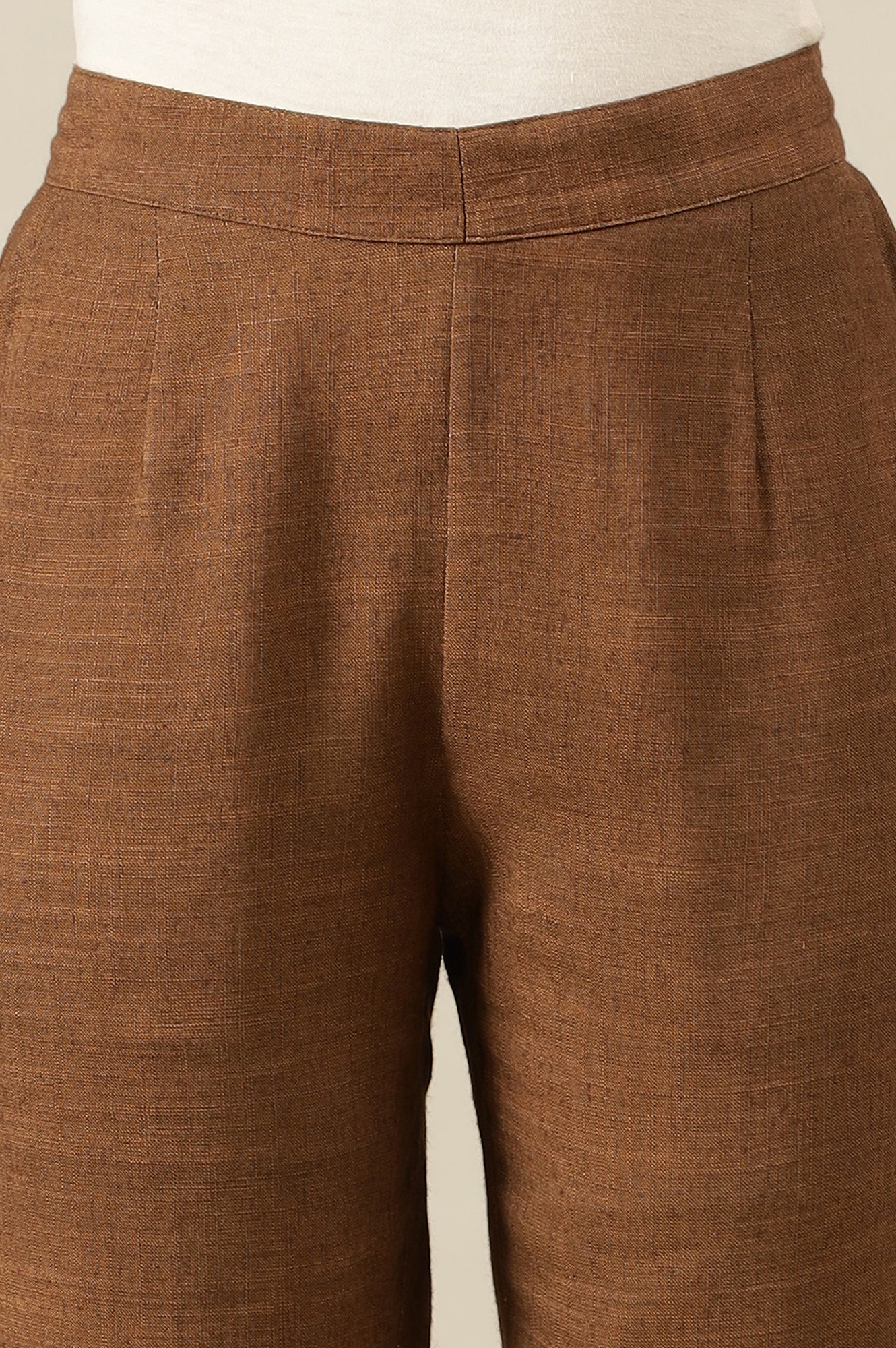 Brown Solid Rayon Flax Comfy Trousers with Pockets