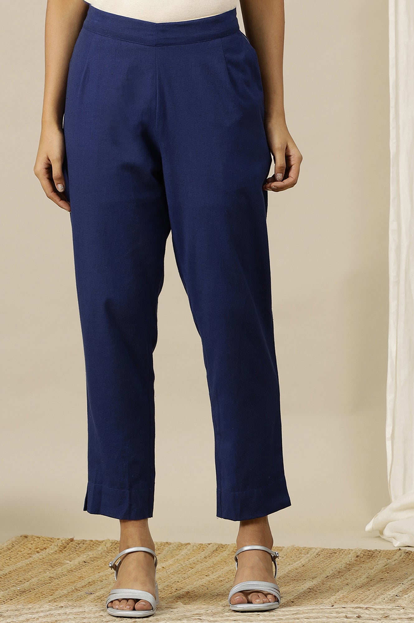 Blue Solid Cotton Flax Straight Fit Trousers