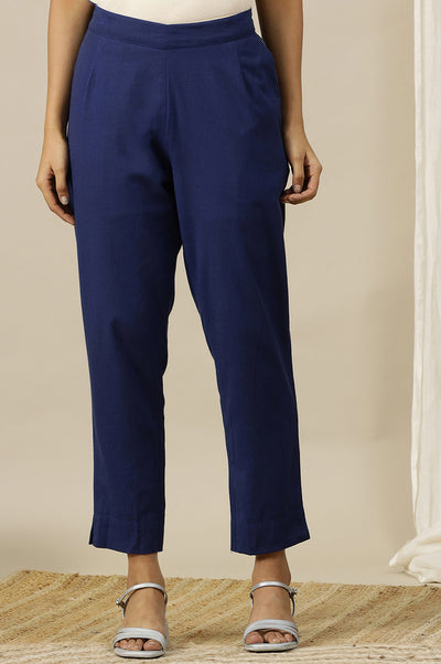 Blue Solid Cotton Flax Straight Fit Trousers