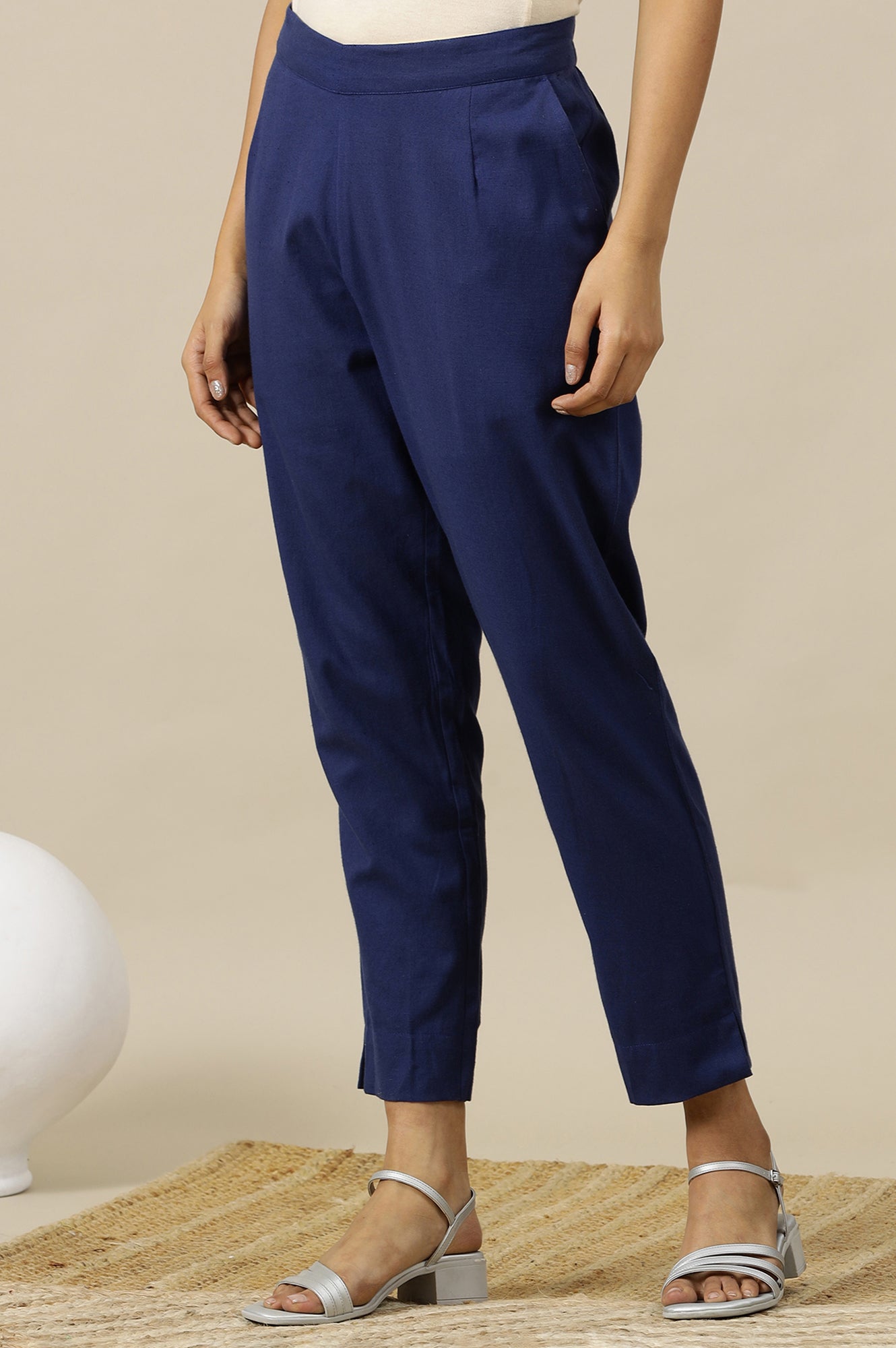 Blue Solid Cotton Flax Straight Fit Trousers