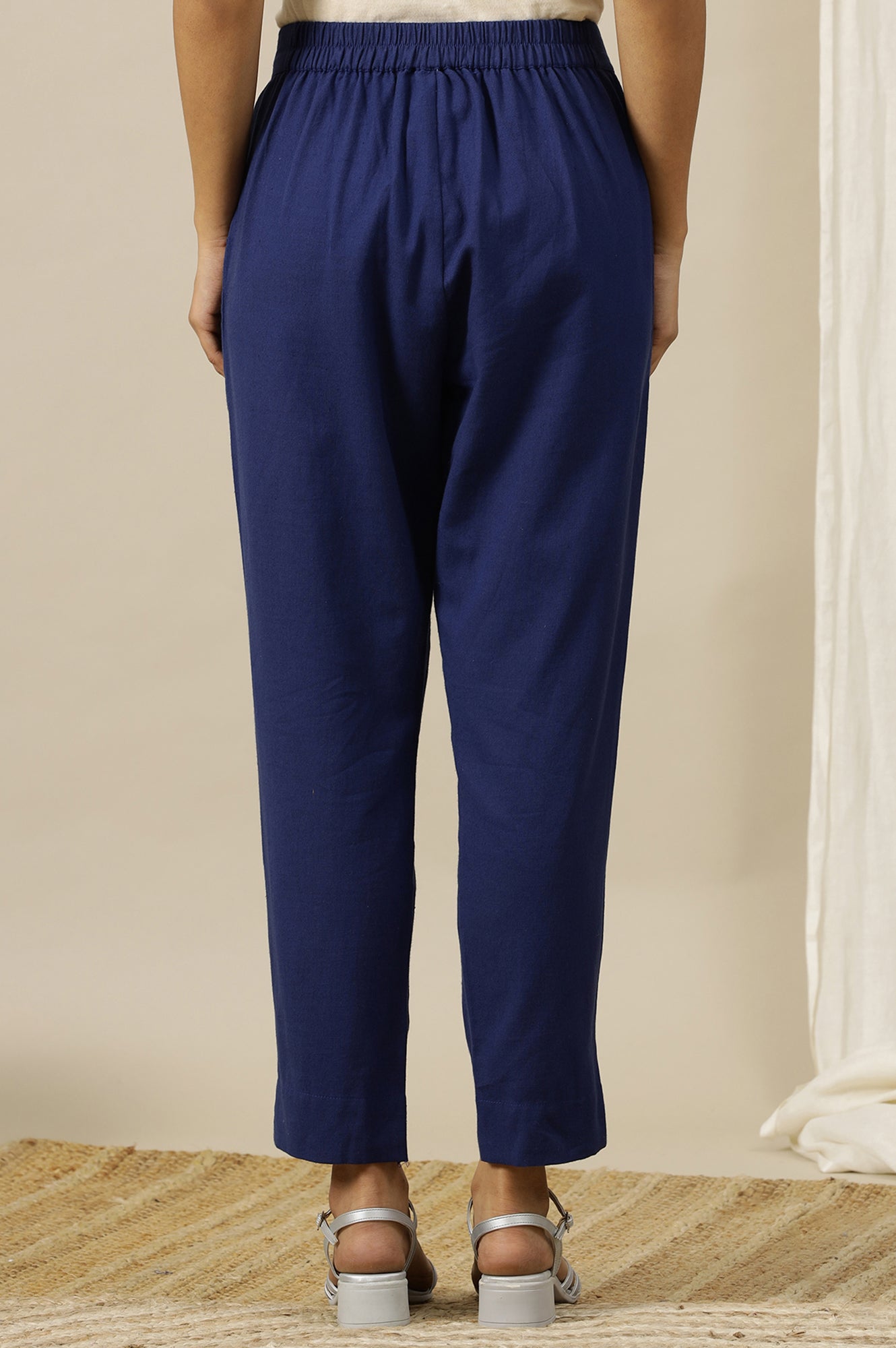 Blue Solid Cotton Flax Straight Fit Trousers