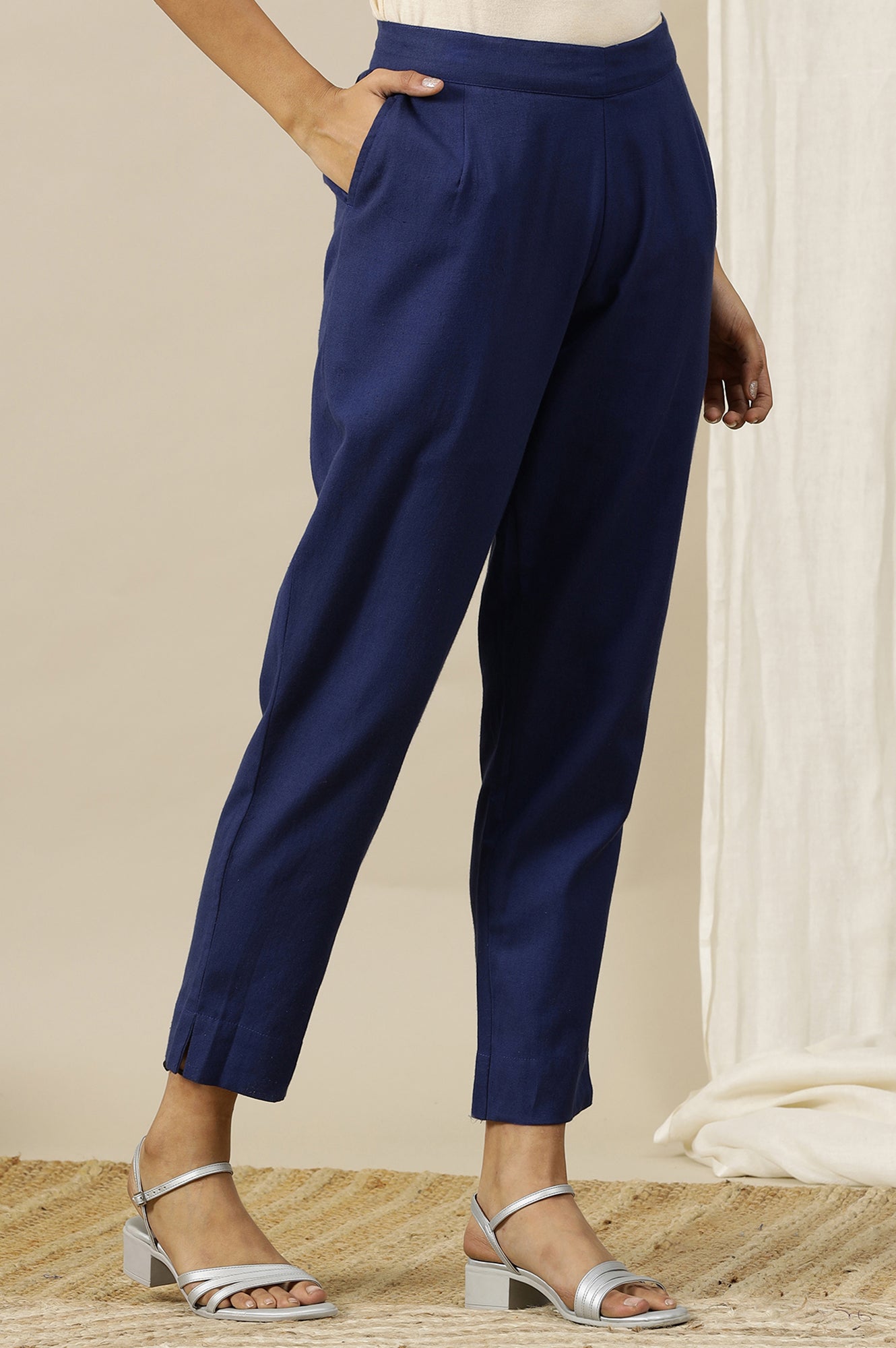 Blue Solid Cotton Flax Straight Fit Trousers