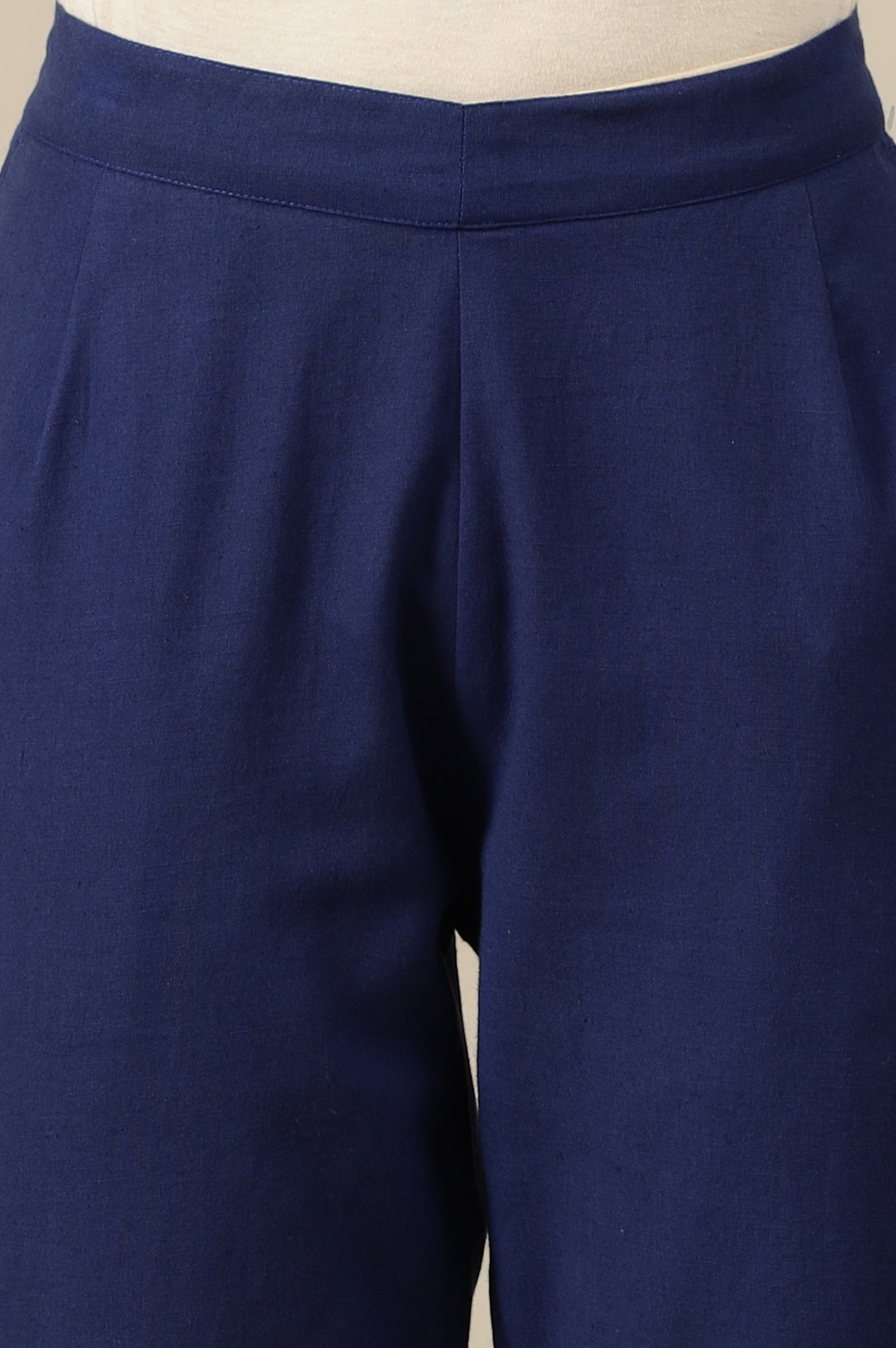 Blue Solid Cotton Flax Straight Fit Trousers