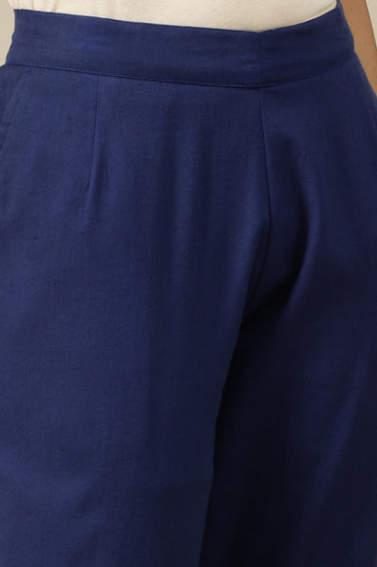 Blue Solid Cotton Flax Straight Fit Trousers