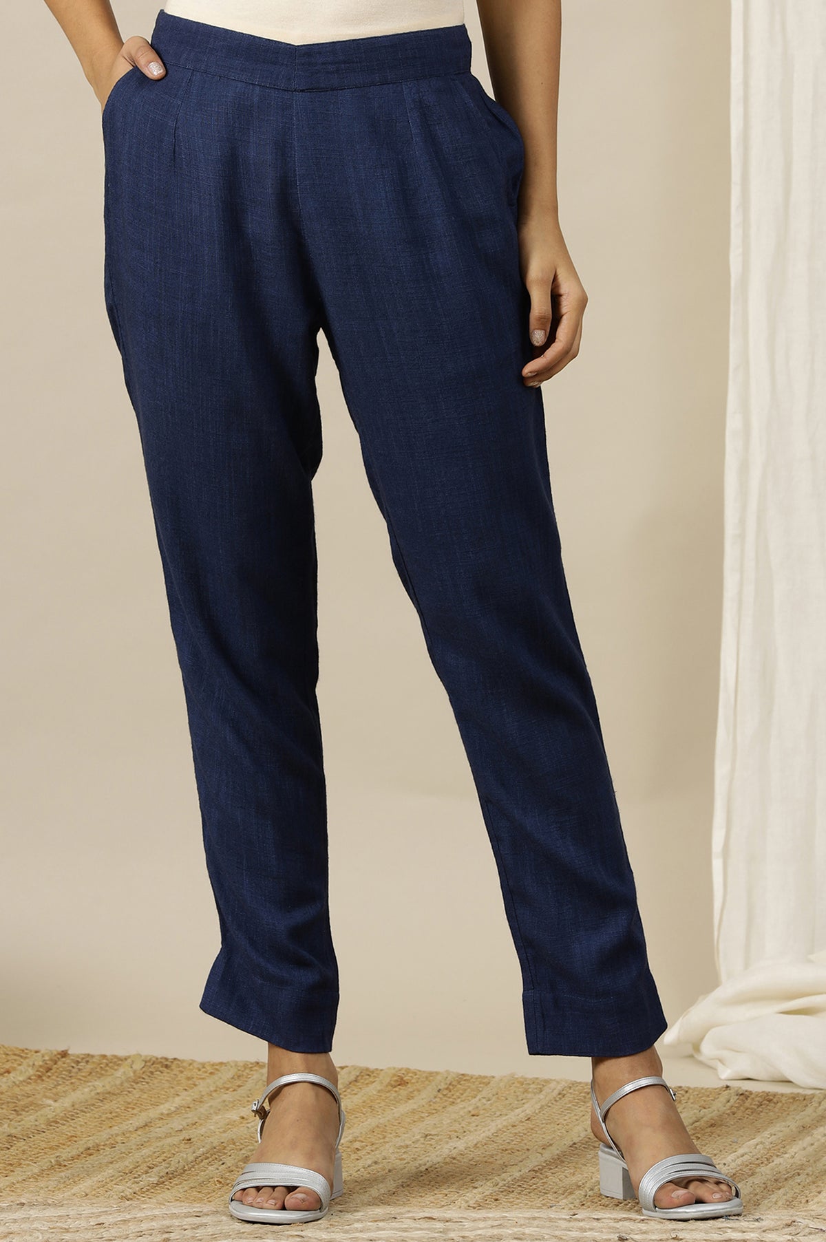 Blue Solid Rayon Flax Comfy Trousers with Pockets - S