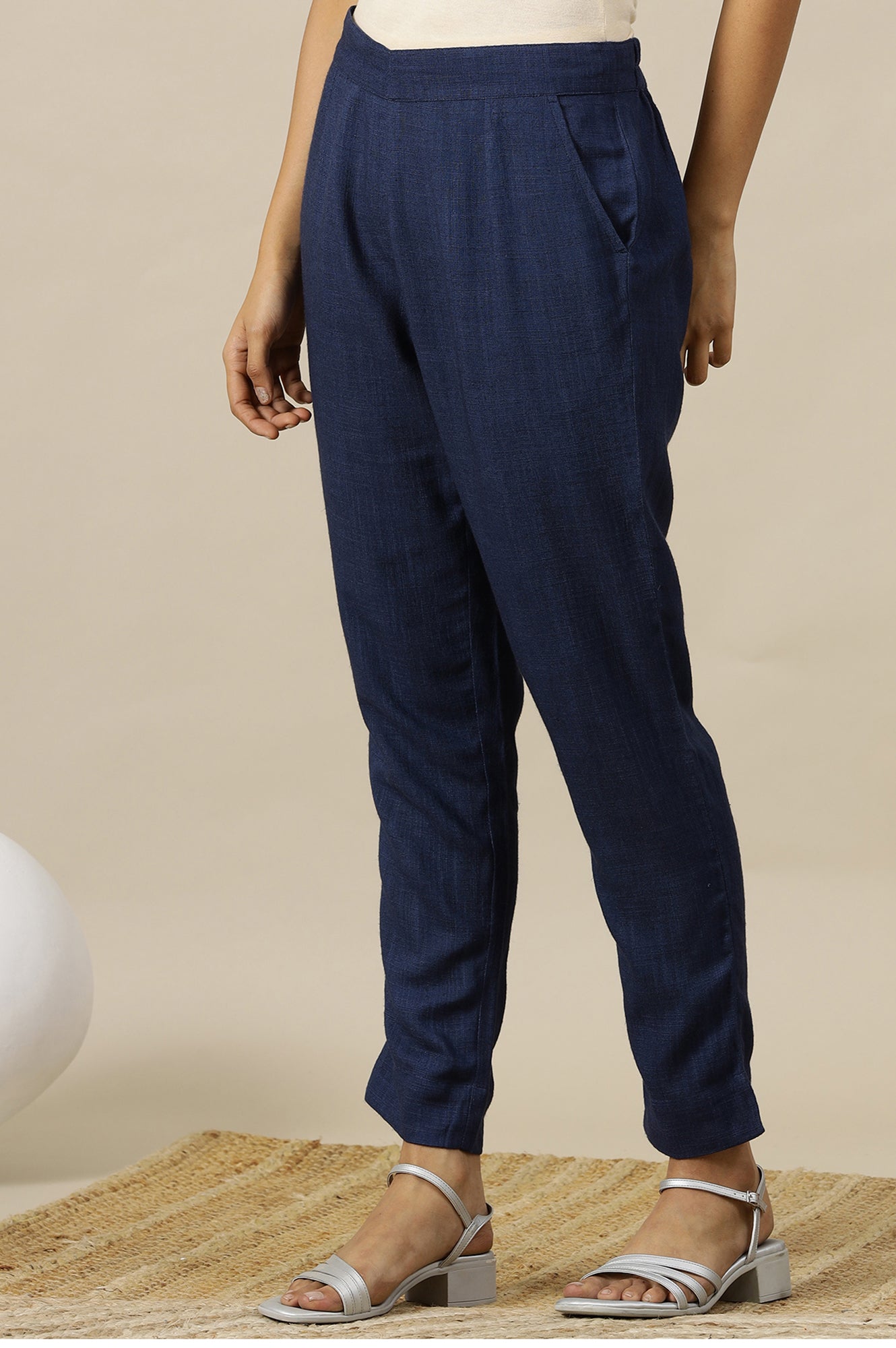 Blue Solid Rayon Flax Comfy Trousers with Pockets