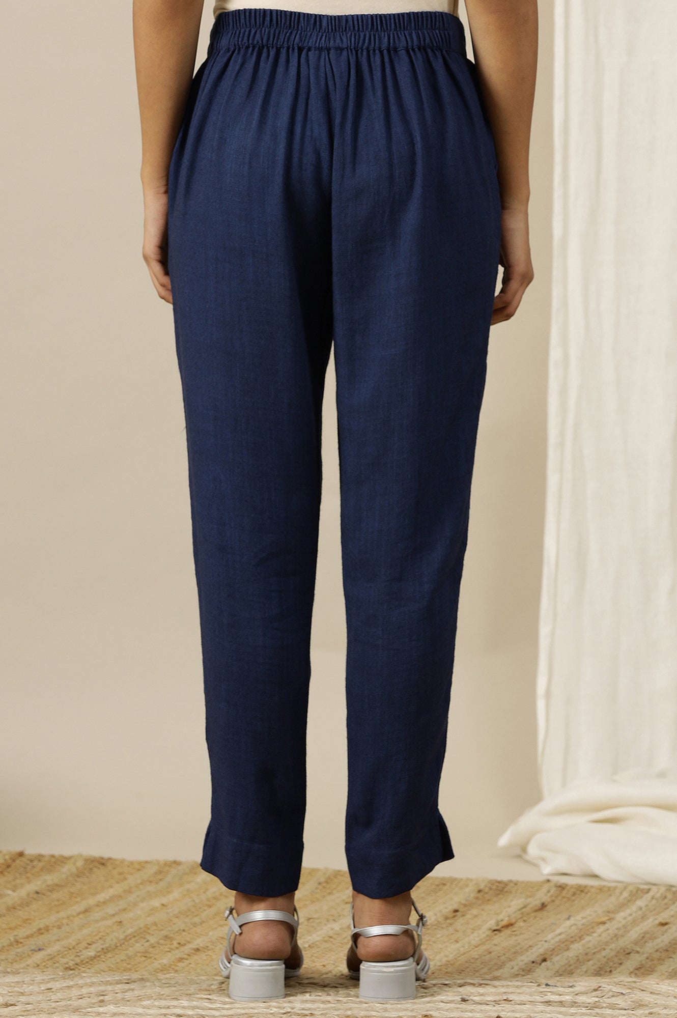 Blue Solid Rayon Flax Comfy Trousers with Pockets