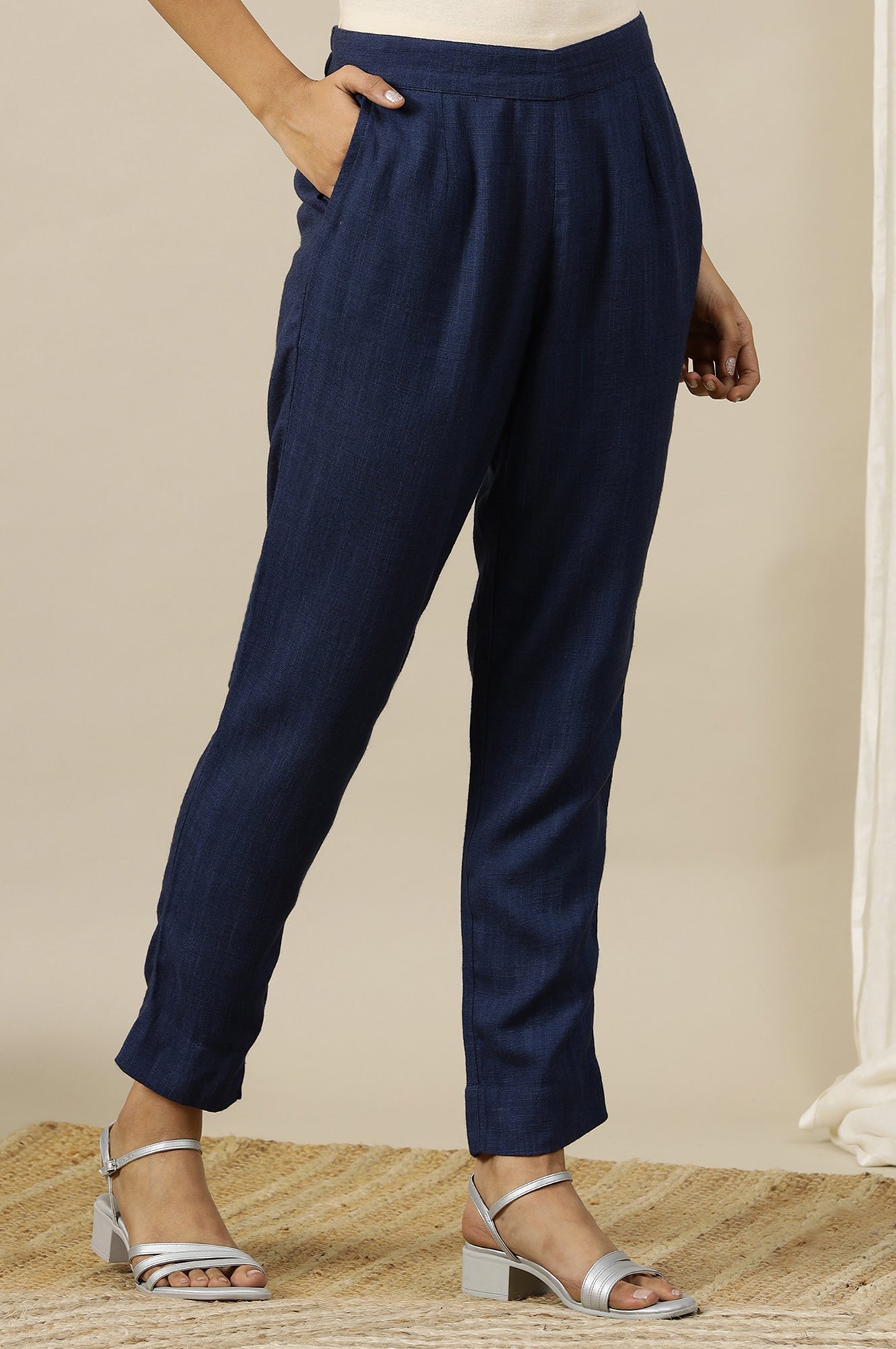 Blue Solid Rayon Flax Comfy Trousers with Pockets