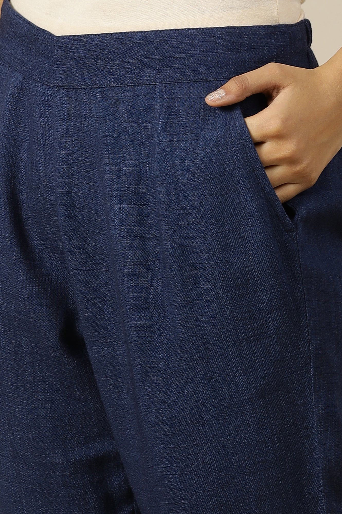 Blue Solid Rayon Flax Comfy Trousers with Pockets