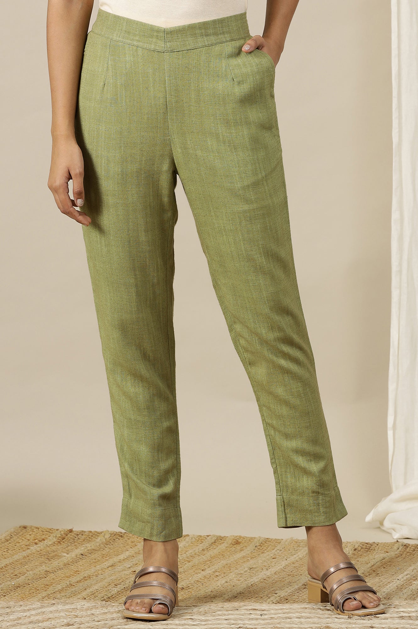 Green Solid Rayon Flax Comfy Trousers with Pockets