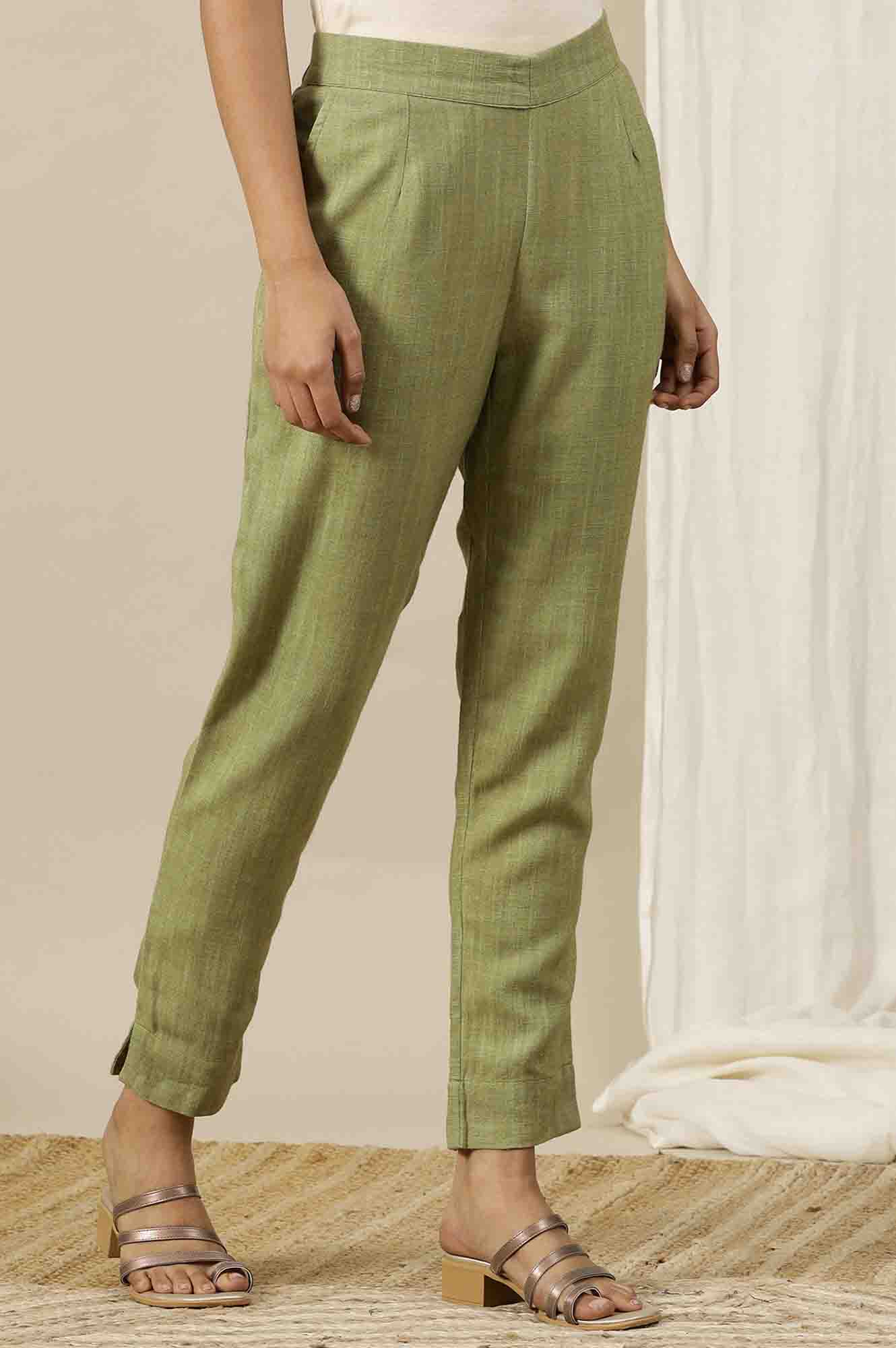 Green Solid Rayon Flax Comfy Trousers with Pockets