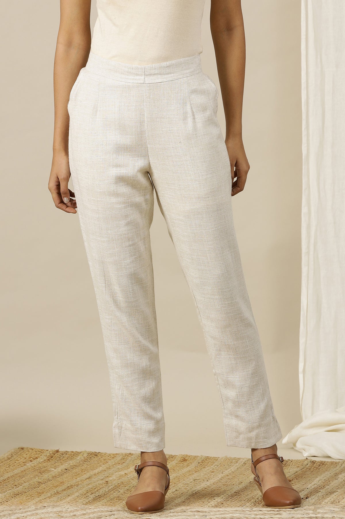 Light Beige Solid Rayon Flax Comfy Trousers with Pockets - S