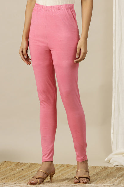 Pink Solid Cotton Lycra Stretchable Tights in Mid-Rise