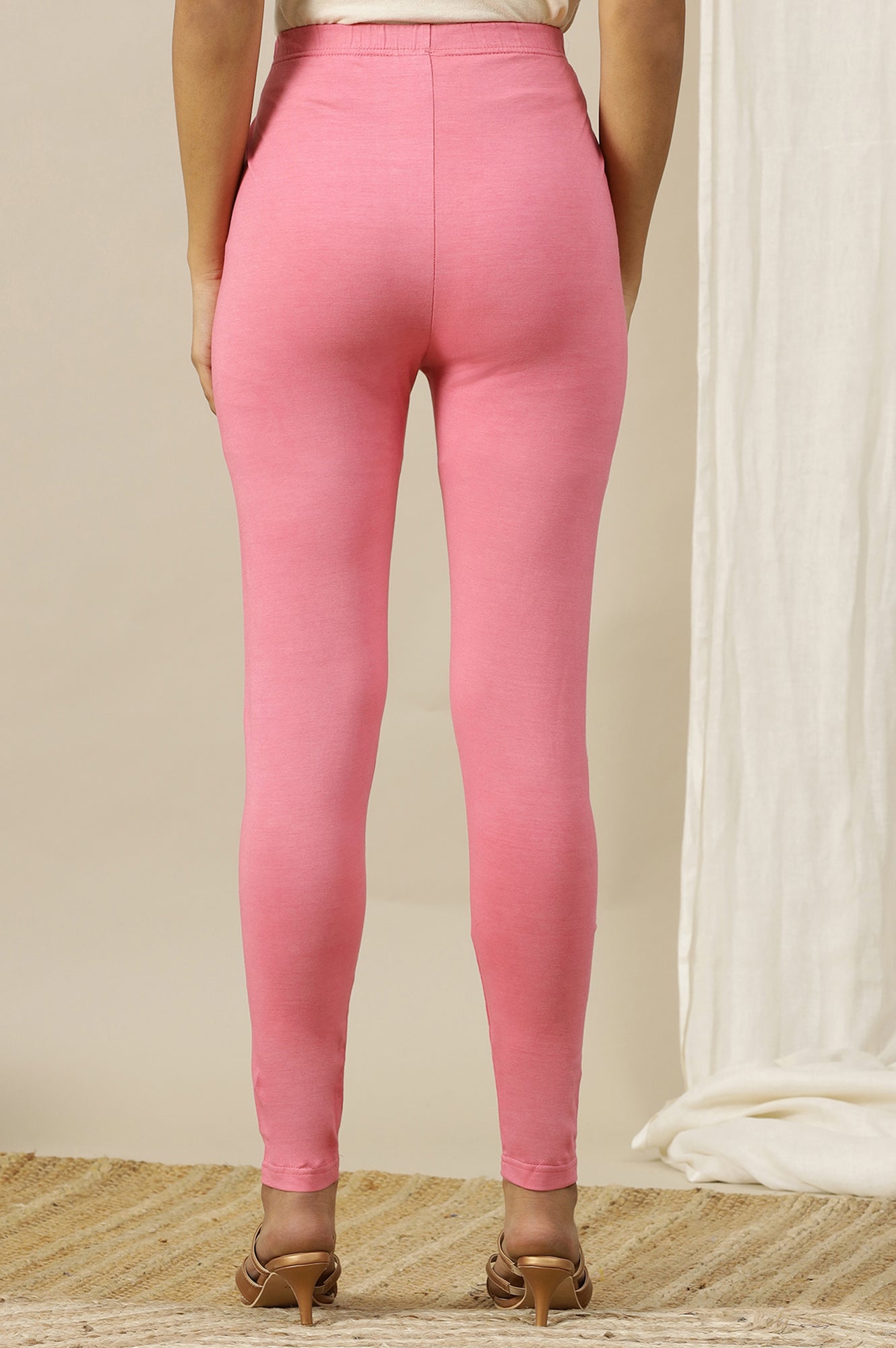 Pink Solid Cotton Lycra Stretchable Tights in Mid-Rise