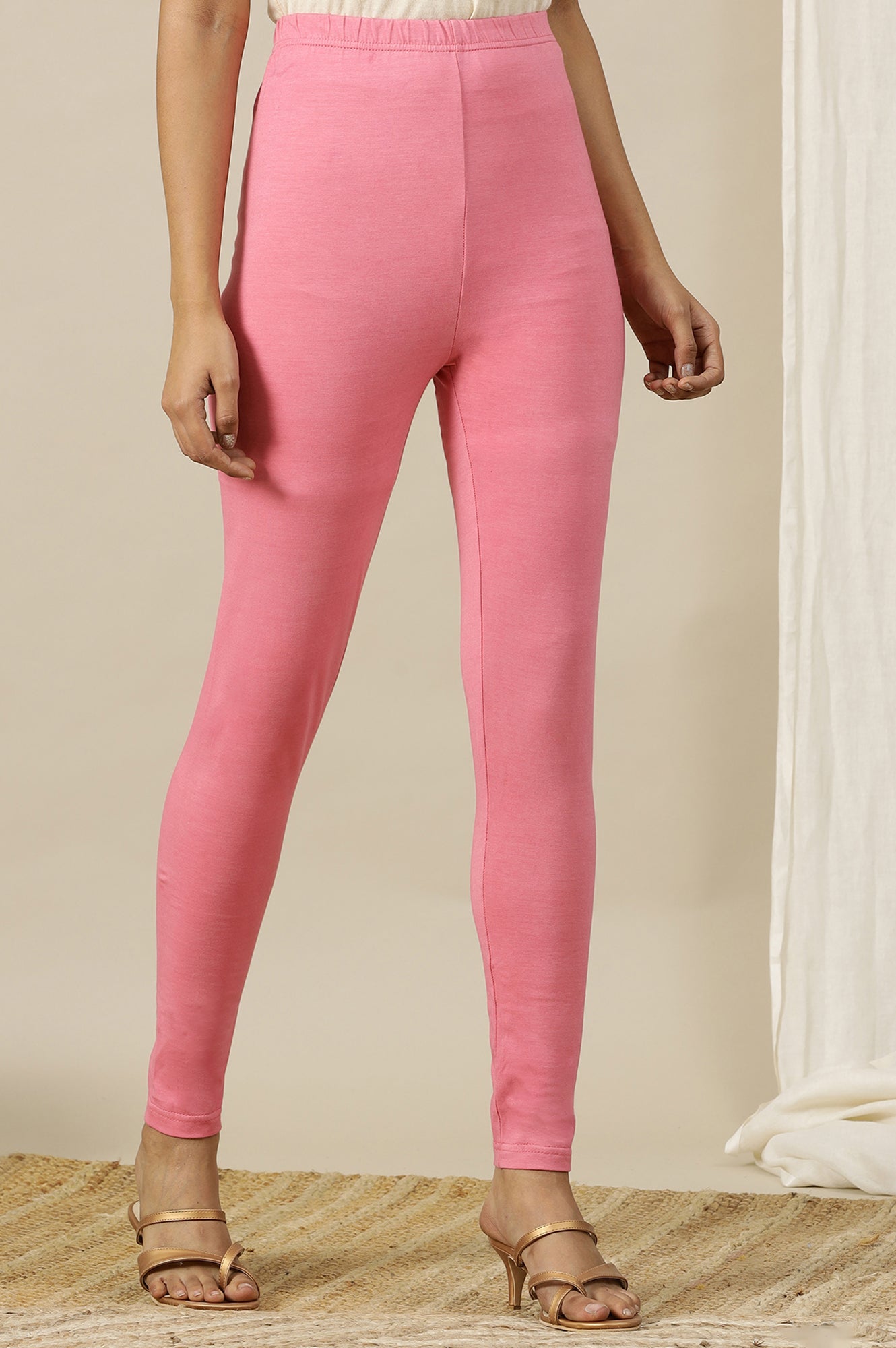 Pink Solid Cotton Lycra Stretchable Tights in Mid-Rise