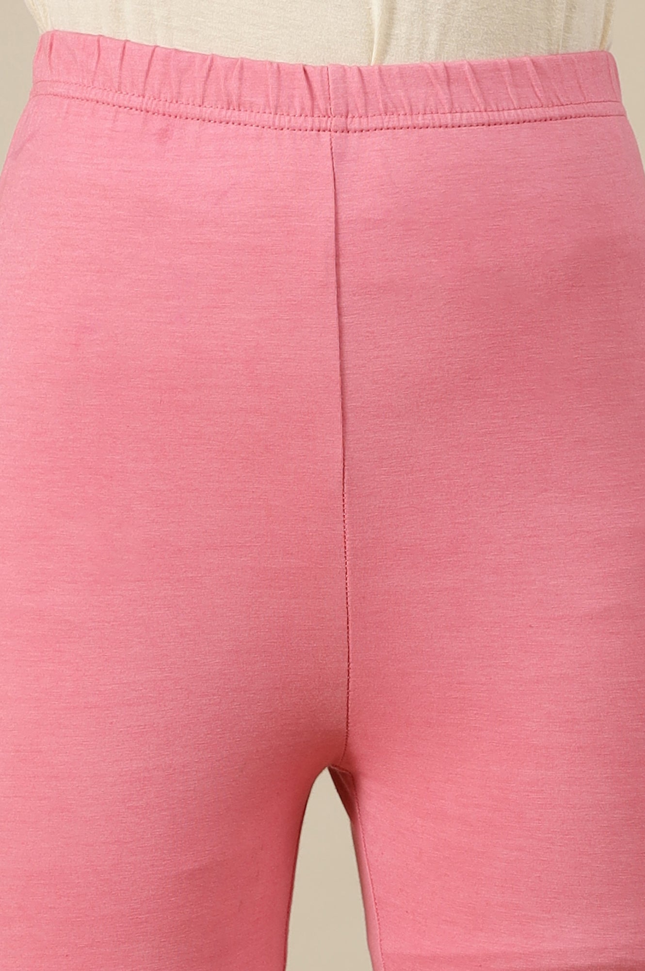 Pink Solid Cotton Lycra Stretchable Tights in Mid-Rise