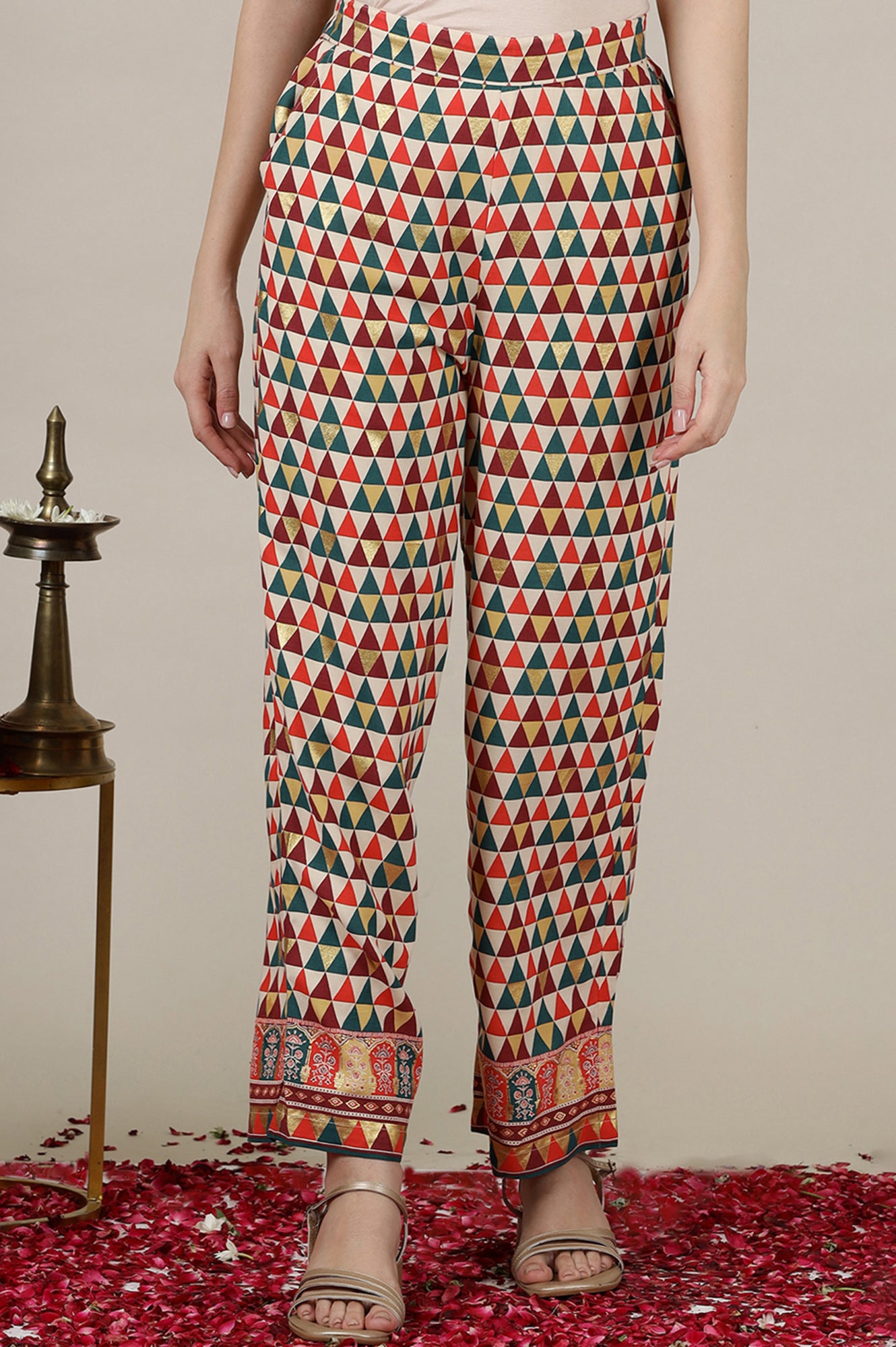 Multi-coloured Abstract Printed Straight Palazzo Pants in Ankle Length