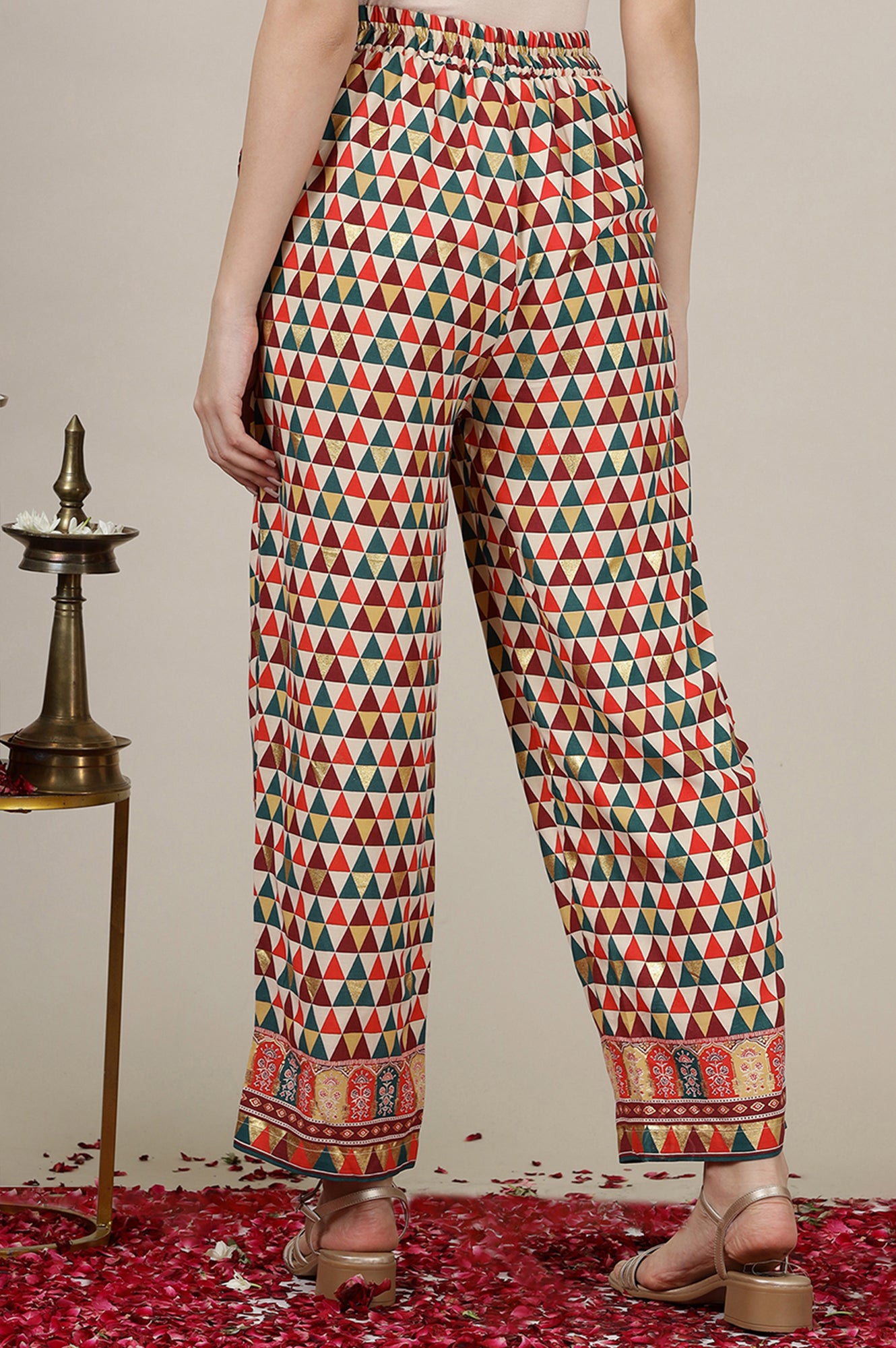 Multi-coloured Abstract Printed Straight Palazzo Pants in Ankle Length