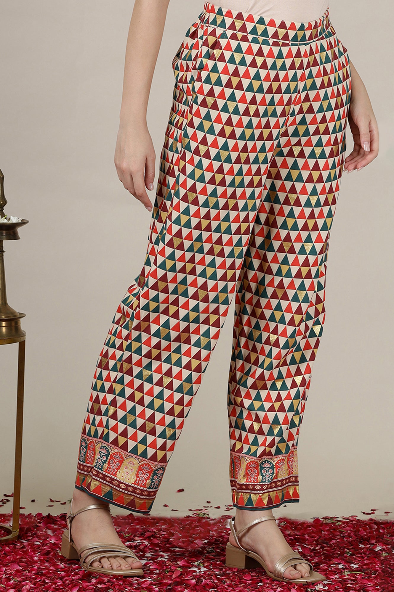 Multi-coloured Abstract Printed Straight Palazzo Pants in Ankle Length