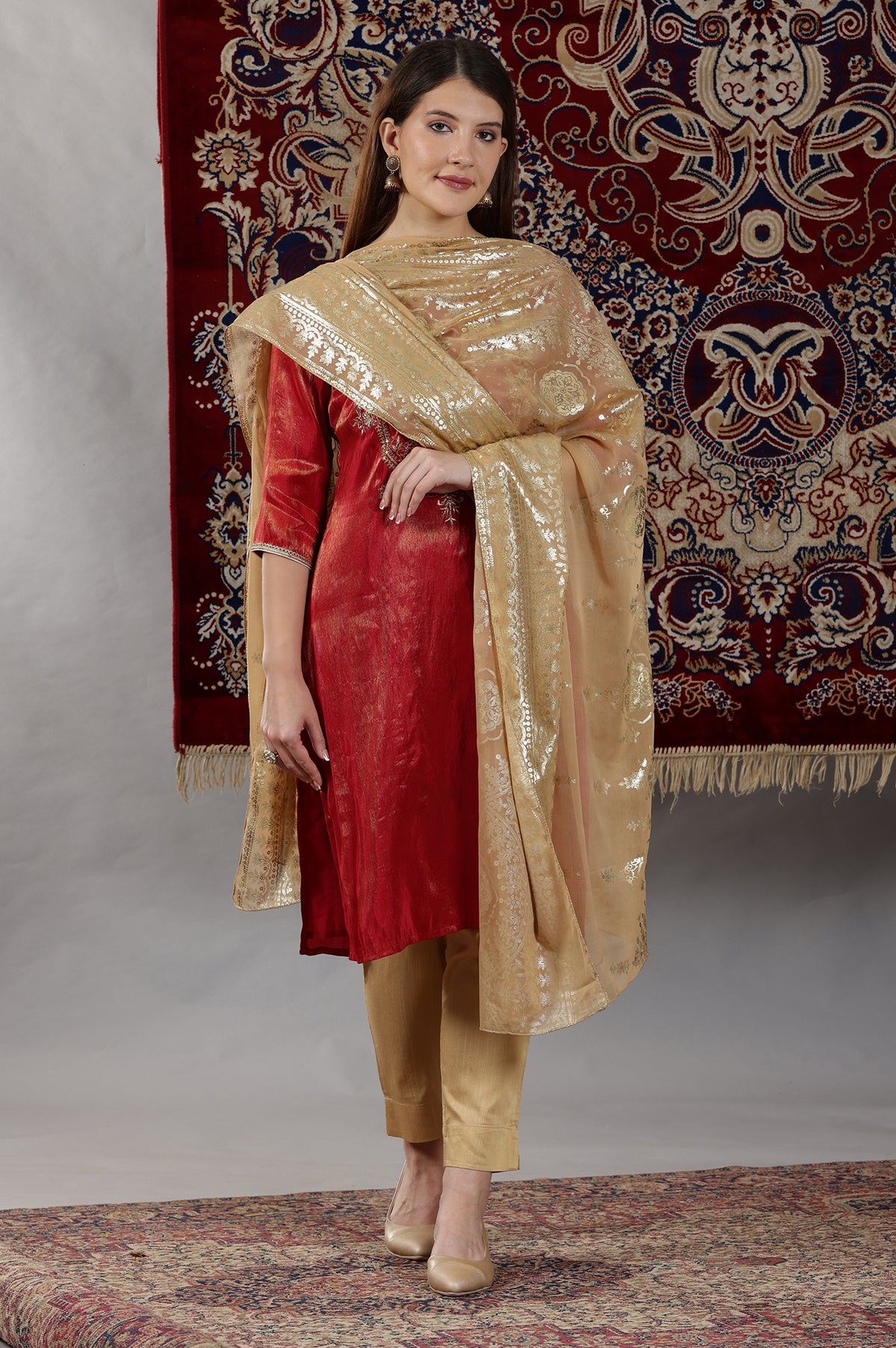 Gold Floral Printed Chiffon Dupatta - FS