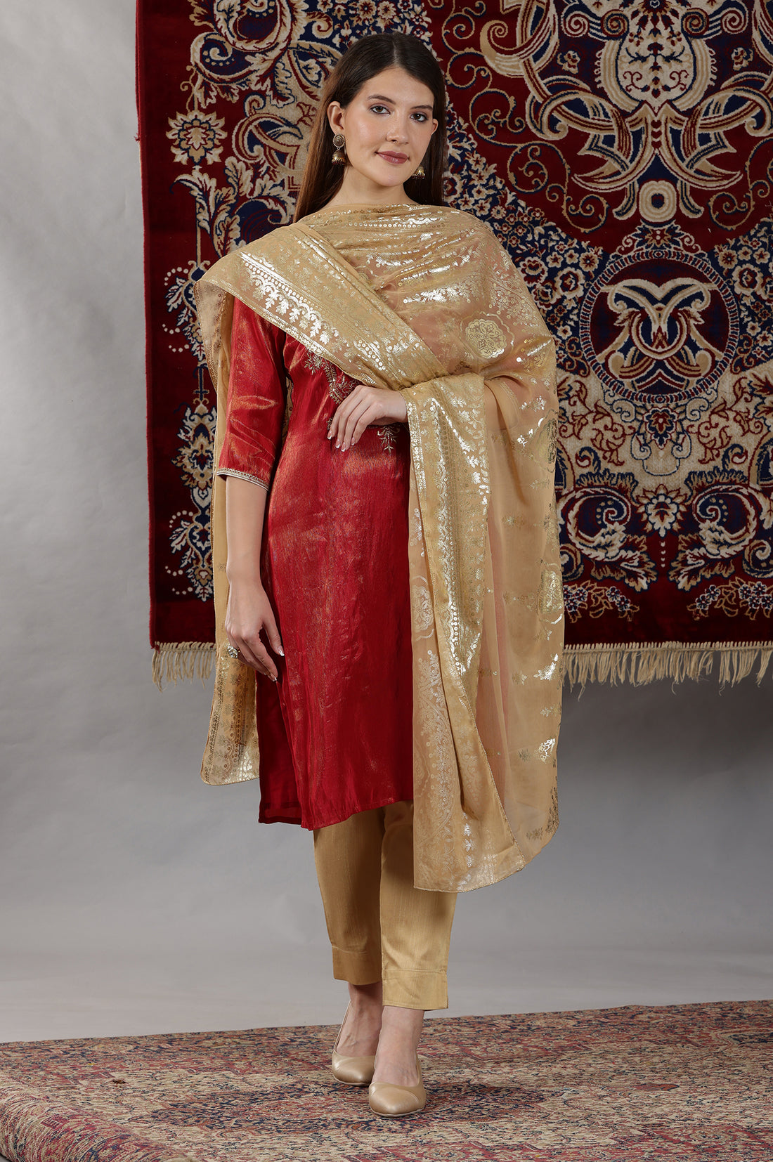 Gold Floral Printed Rectangular Woven Dupatta