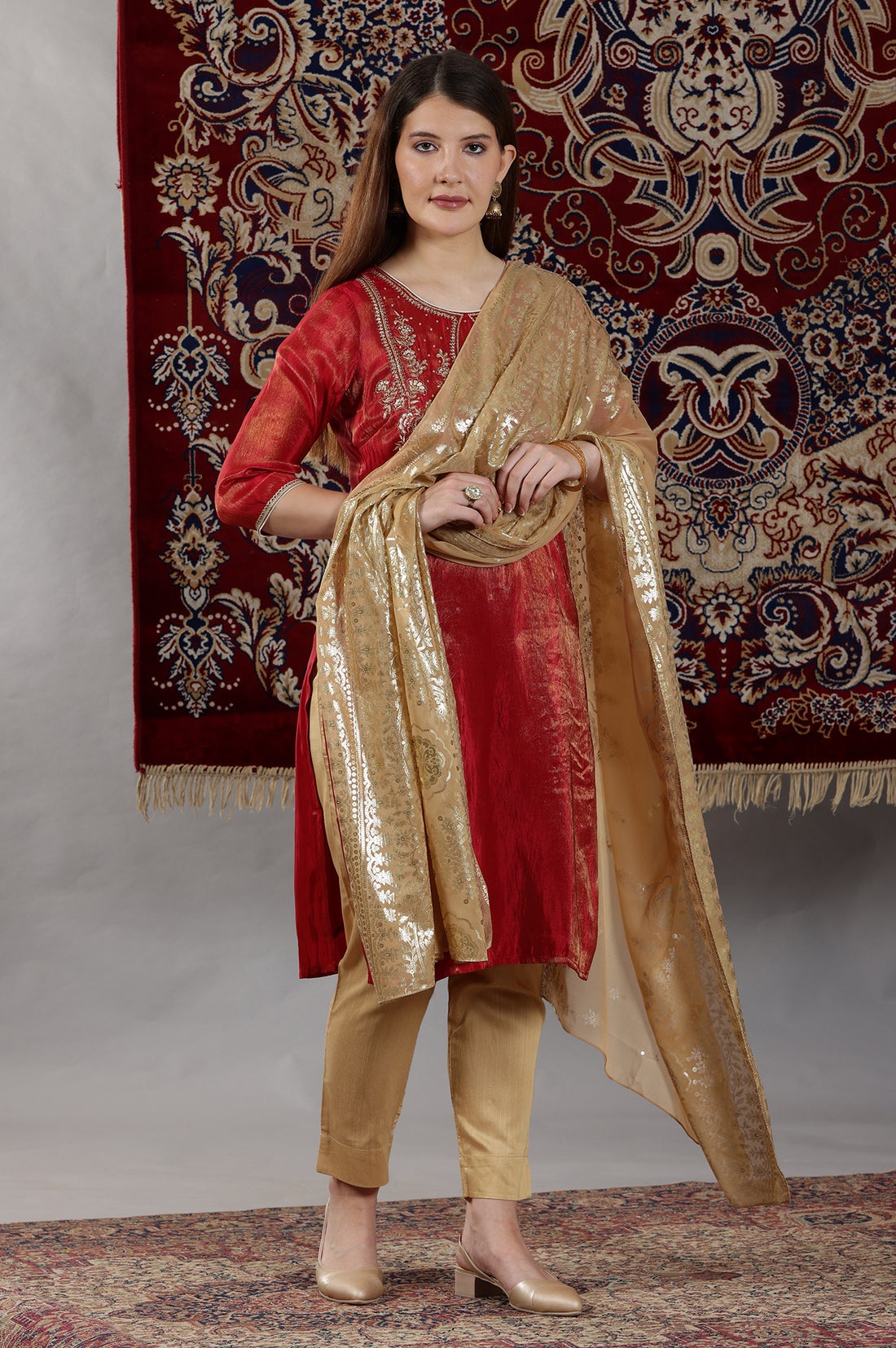 Gold Floral Printed Rectangular Woven Dupatta