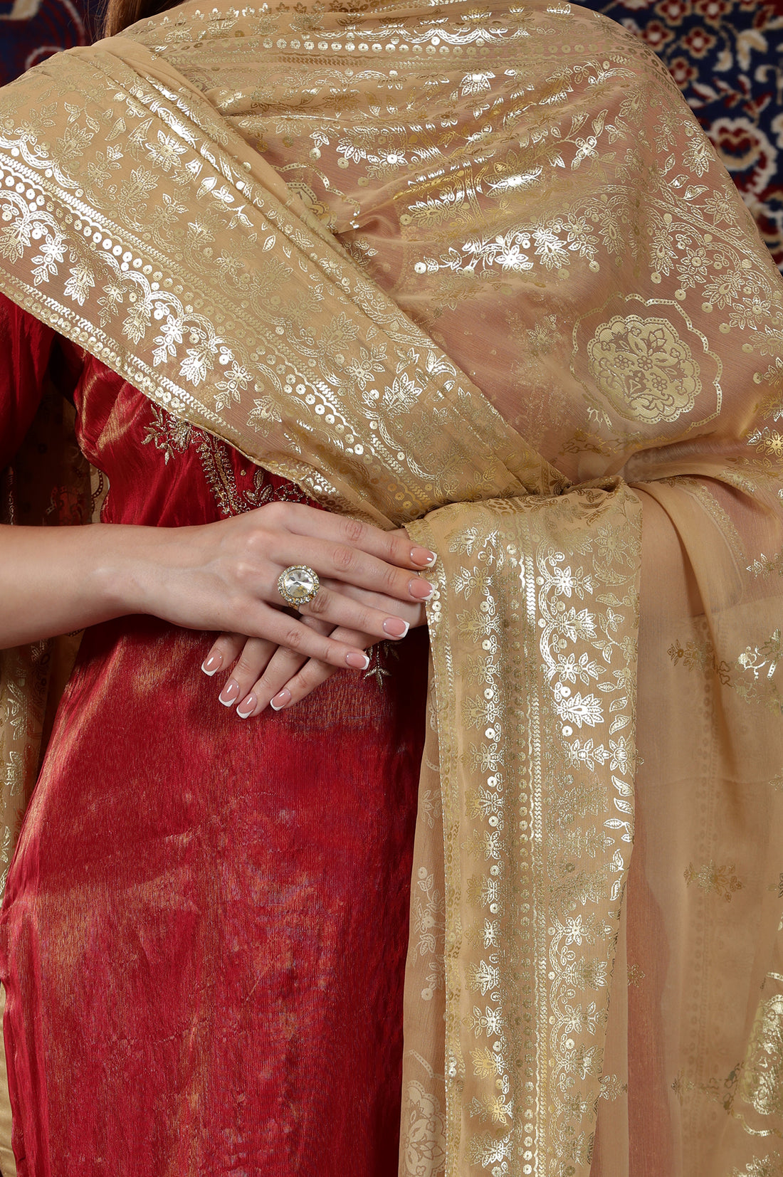 Gold Floral Printed Rectangular Woven Dupatta