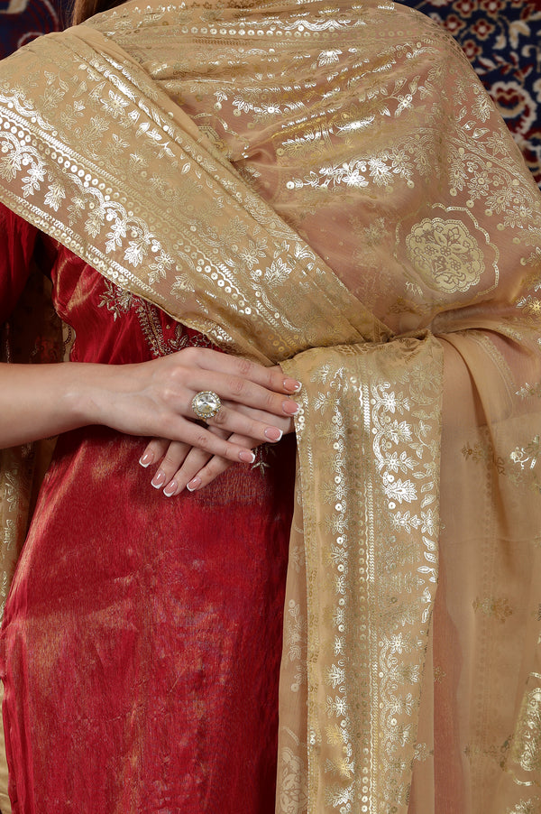 Gold Floral Printed Rectangular Woven Dupatta