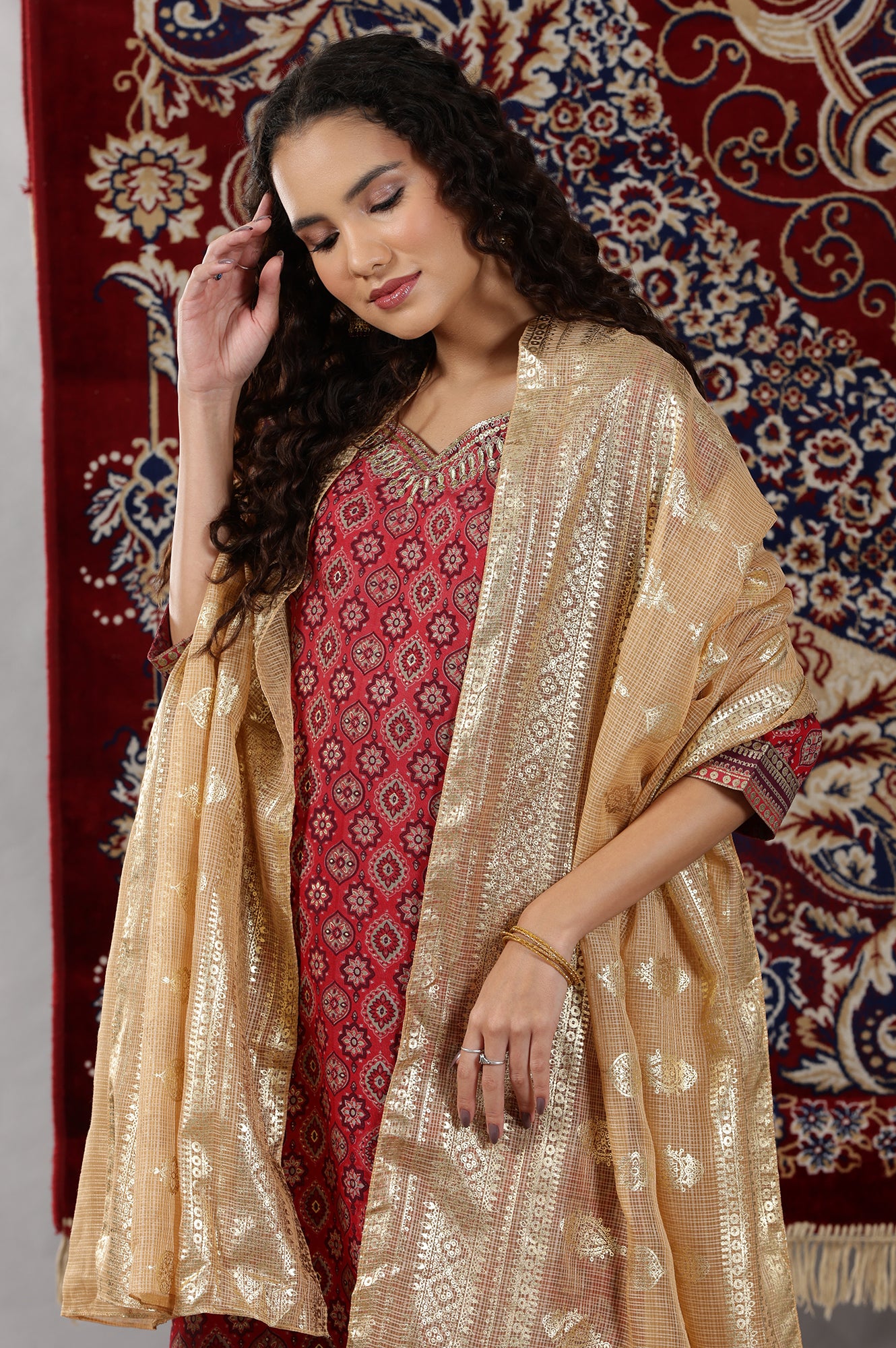 Gold Kota Doria Dupatta with Floral Motifs