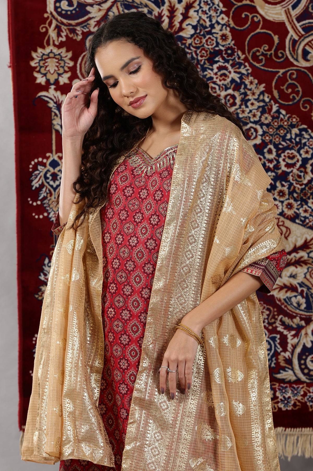 Gold Floral Printed Rectangular Woven Dupatta - FS