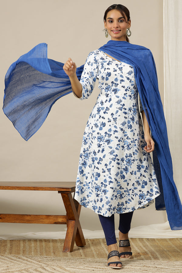 Blue Geometric Woven Pure Cotton Dupatta