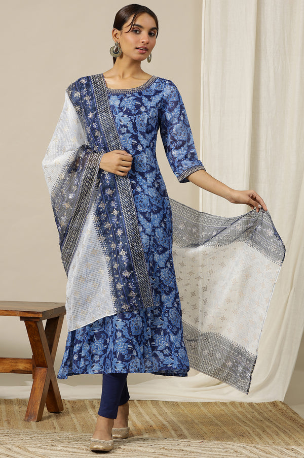 Blue and White Floral Printed Kota Doria Light-Weight Sheet Dupatta