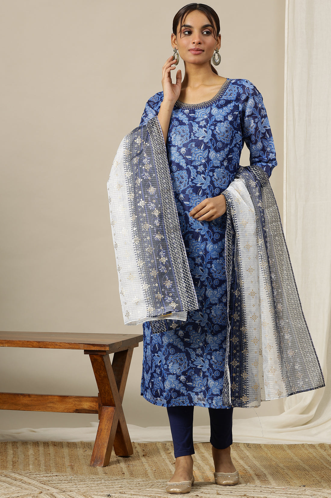 Blue and White Floral Printed Kota Doria Light-Weight Sheet Dupatta
