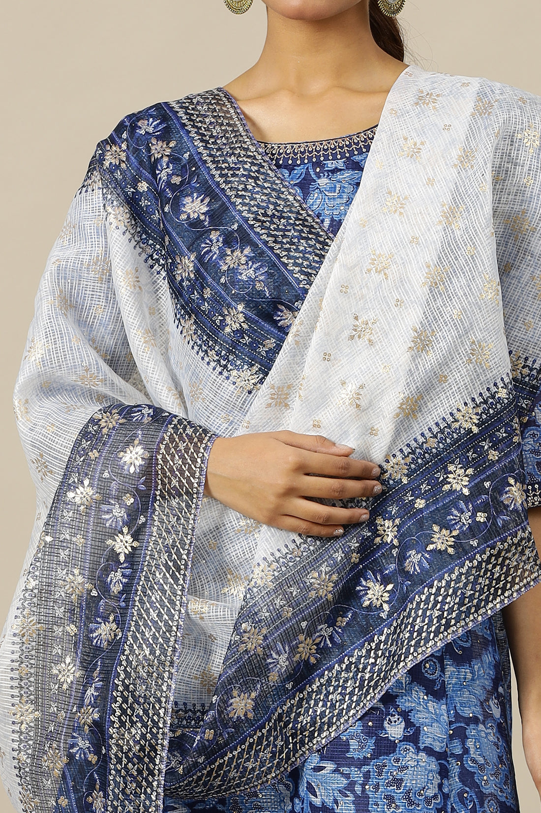 Blue and White Floral Printed Kota Doria Light-Weight Sheet Dupatta