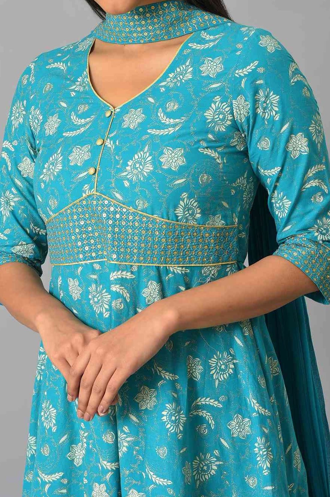 Blue Zari Embroidered Dress And Dupatta