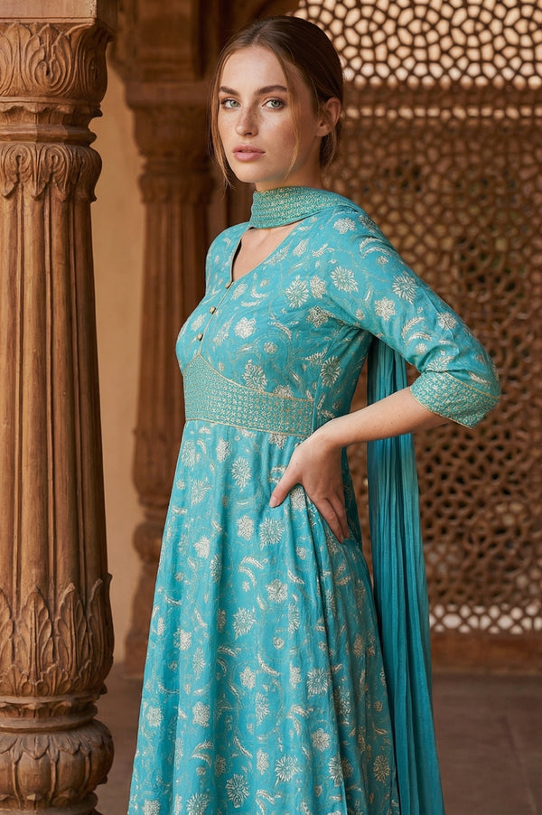 Blue Zari Embroidered Dress And Dupatta