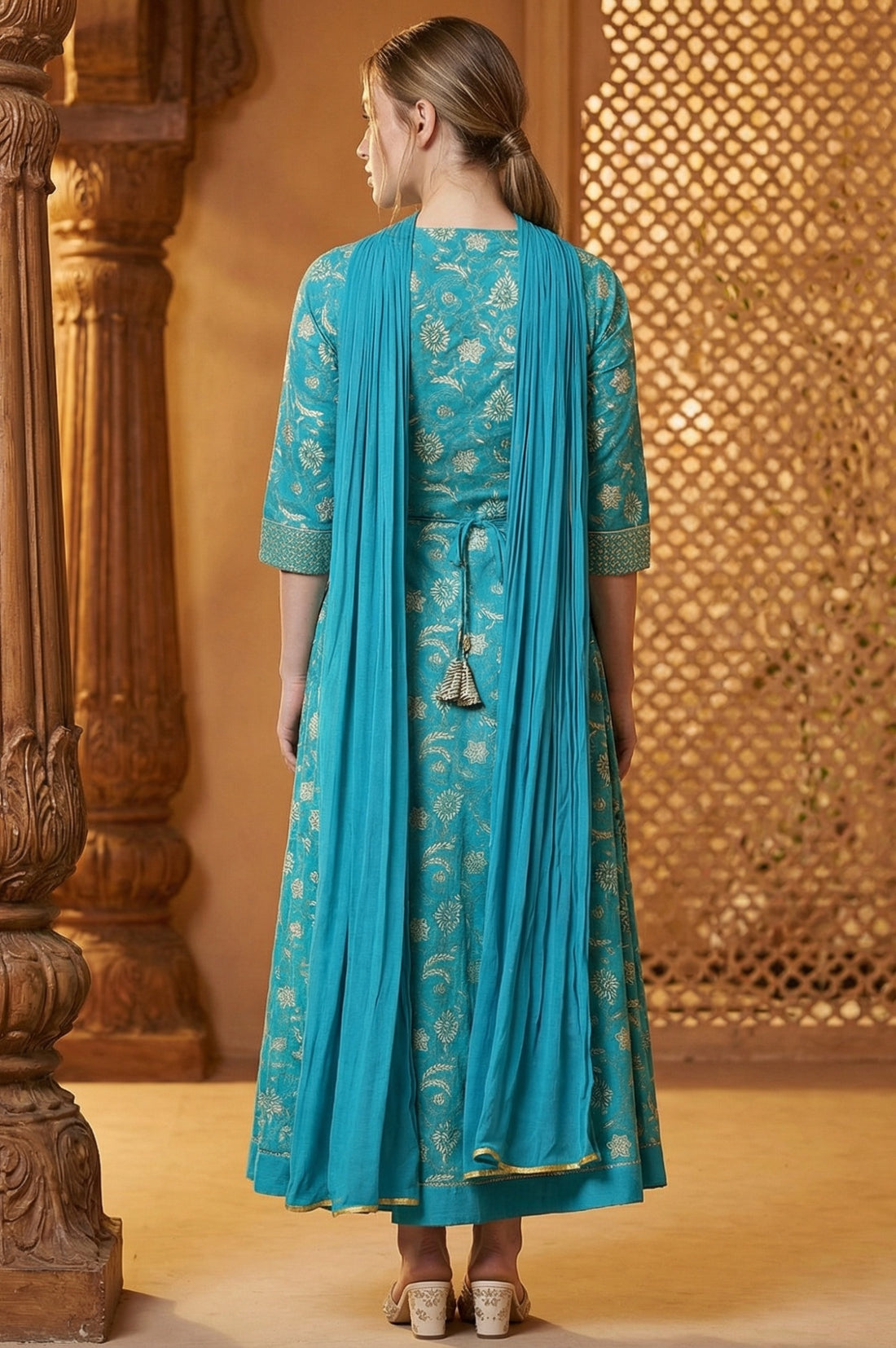 Blue Zari Embroidered Dress And Dupatta