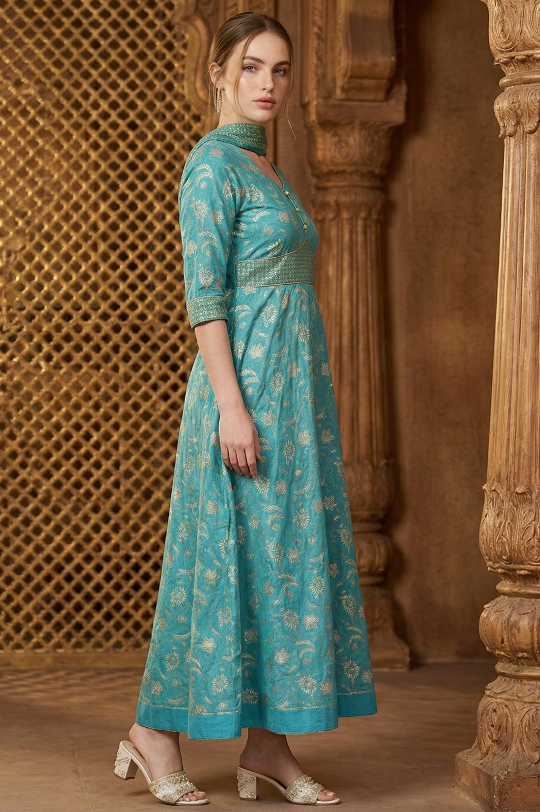 Blue Zari Embroidered Dress And Dupatta