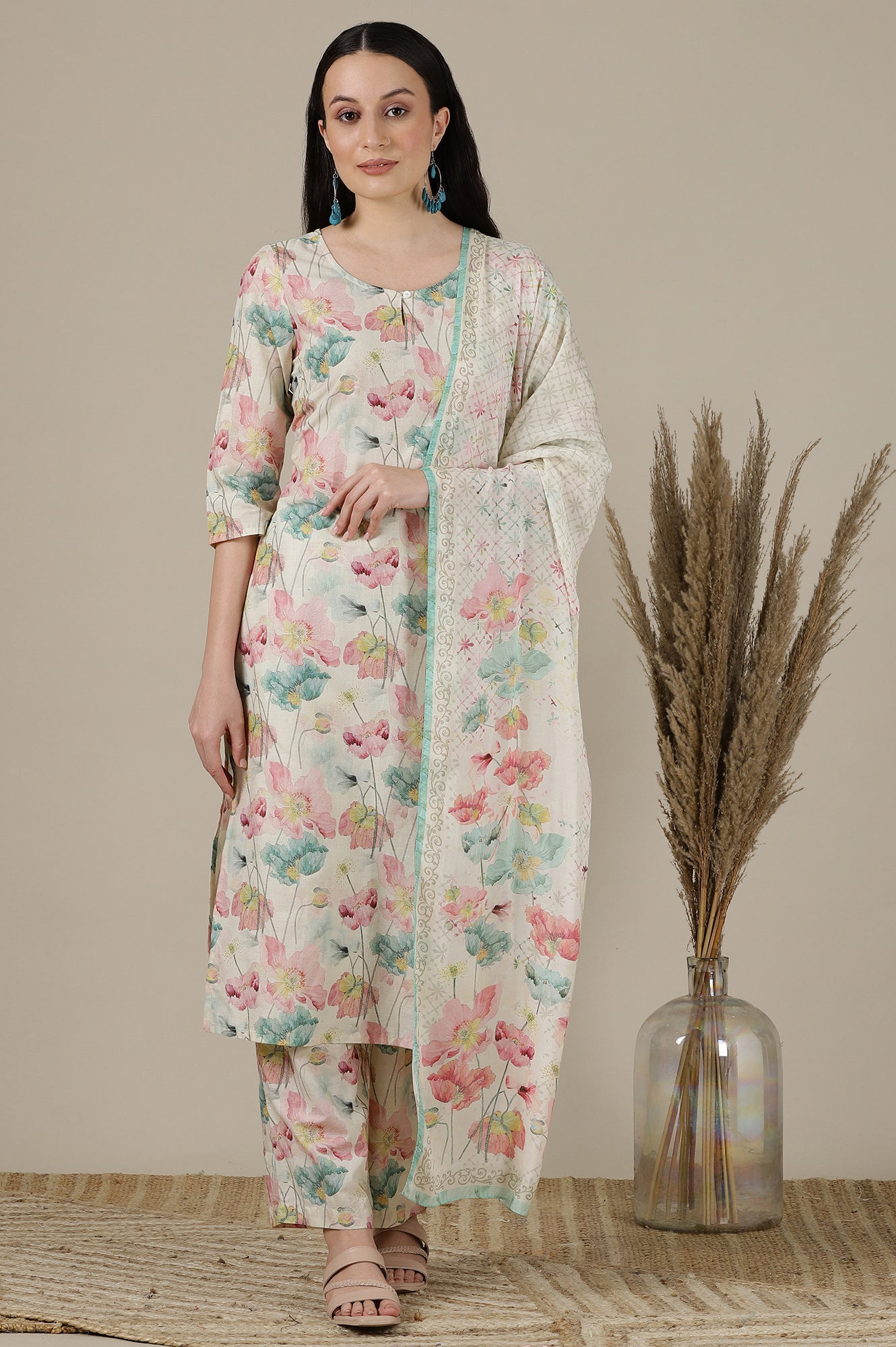 Cream Floral Printed Cotton Blend Straight Kurta, Palazzo an Dupatta Set