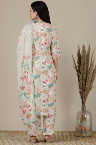 Cream Floral Printed Flared Kurta and Black Palazzo Set