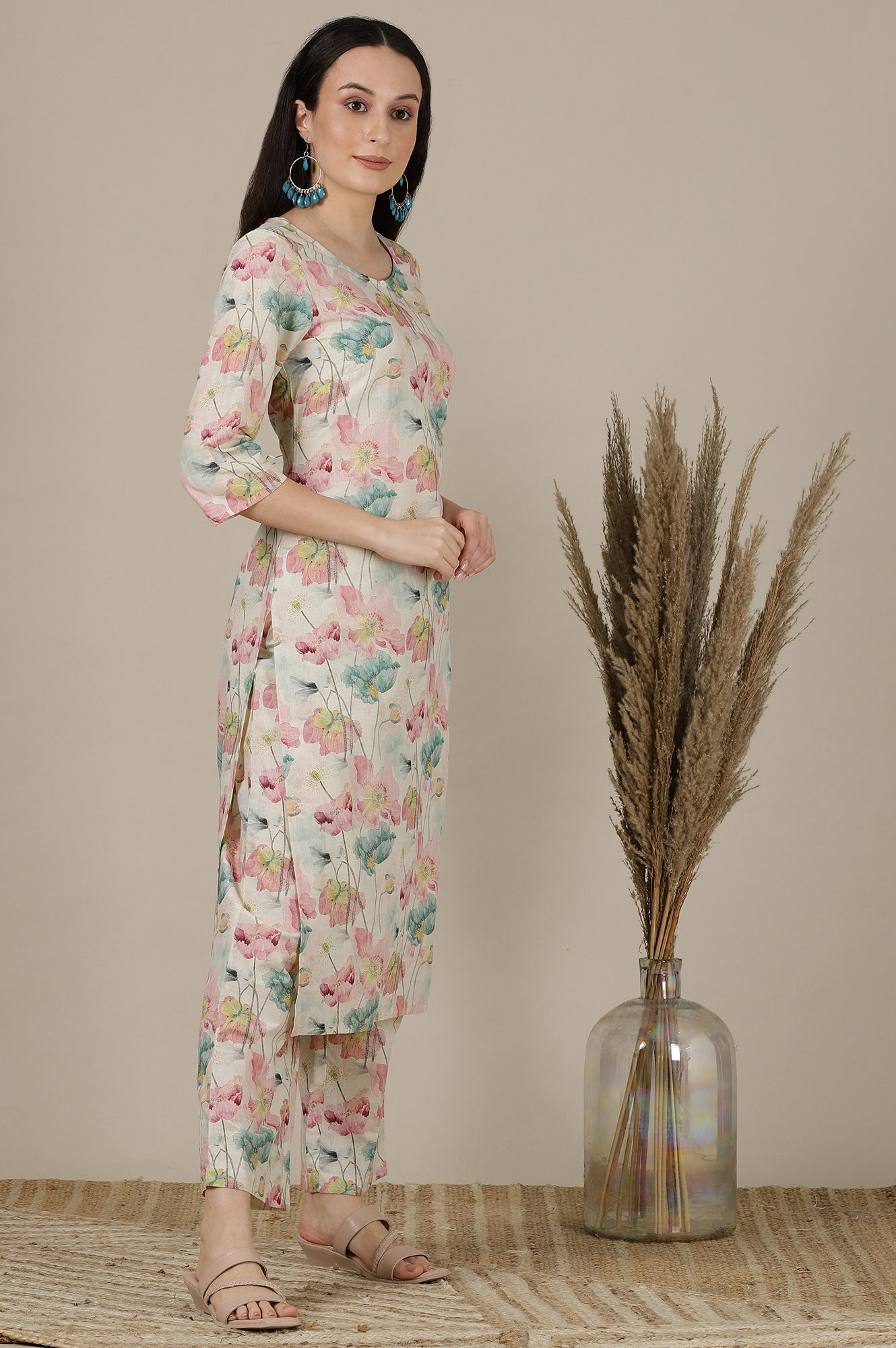 Women Maroon & Cream Printed Straight Kurta Plazzo With Printed Dupatta