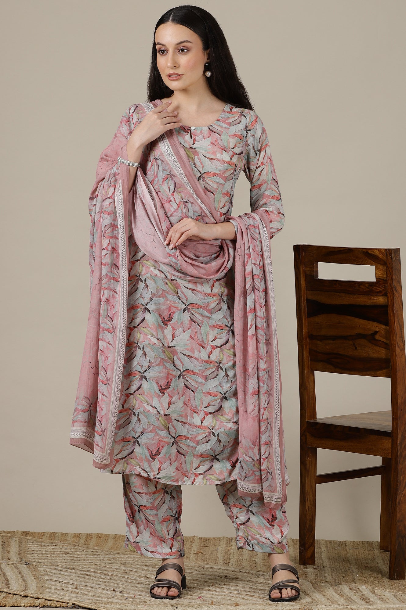 Pink Floral Printed Muslin Straight Kurta, Palazzo and Dupatta Set