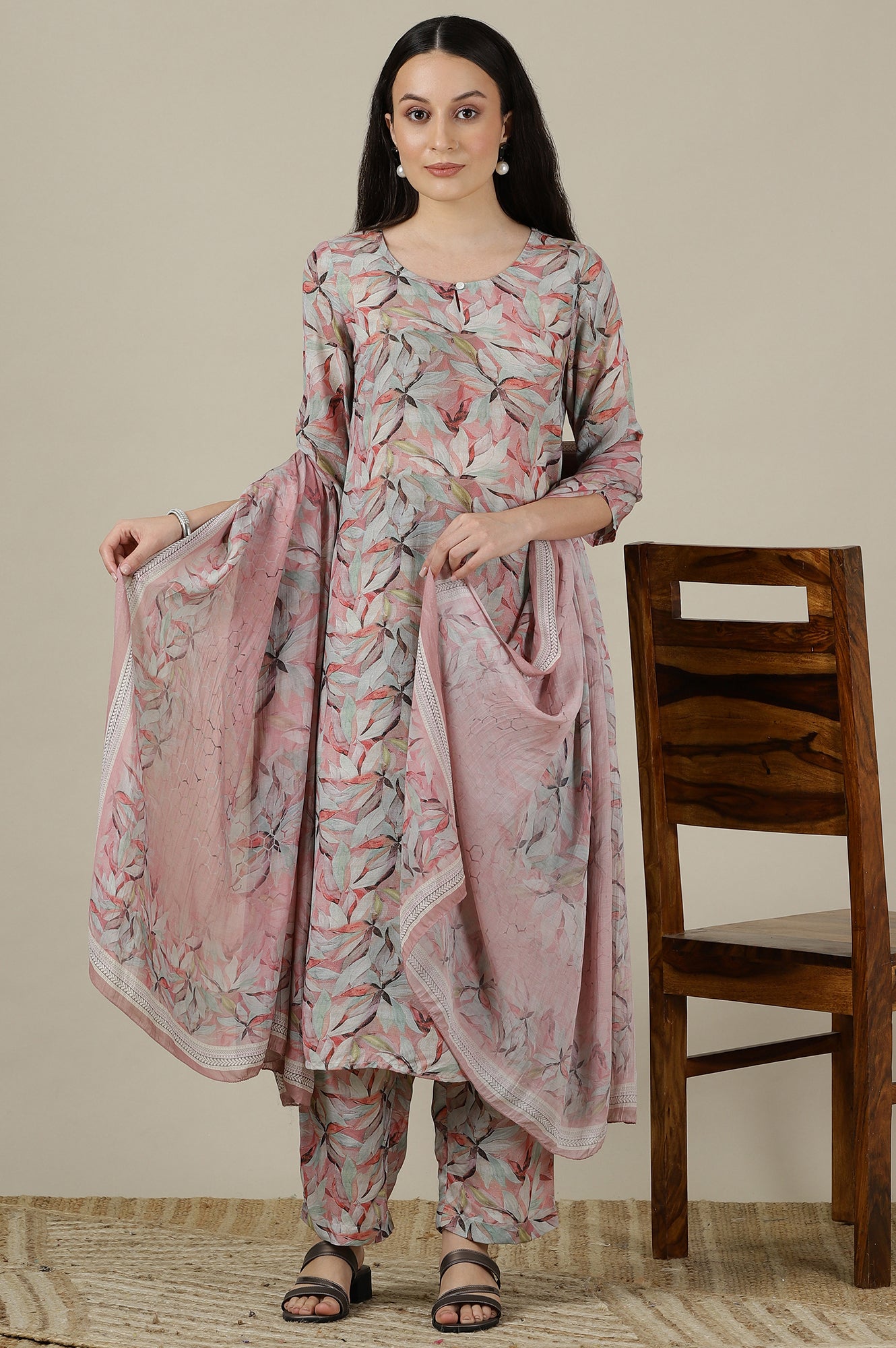 Pink Floral Printed Muslin Straight Kurta, Palazzo and Dupatta Set