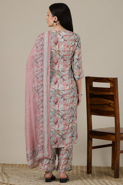 Pink Floral Printed Muslin Straight Kurta, Palazzo and Dupatta Set